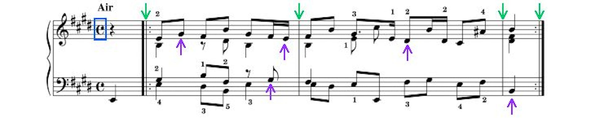 Musical notes are marked with purple arrows