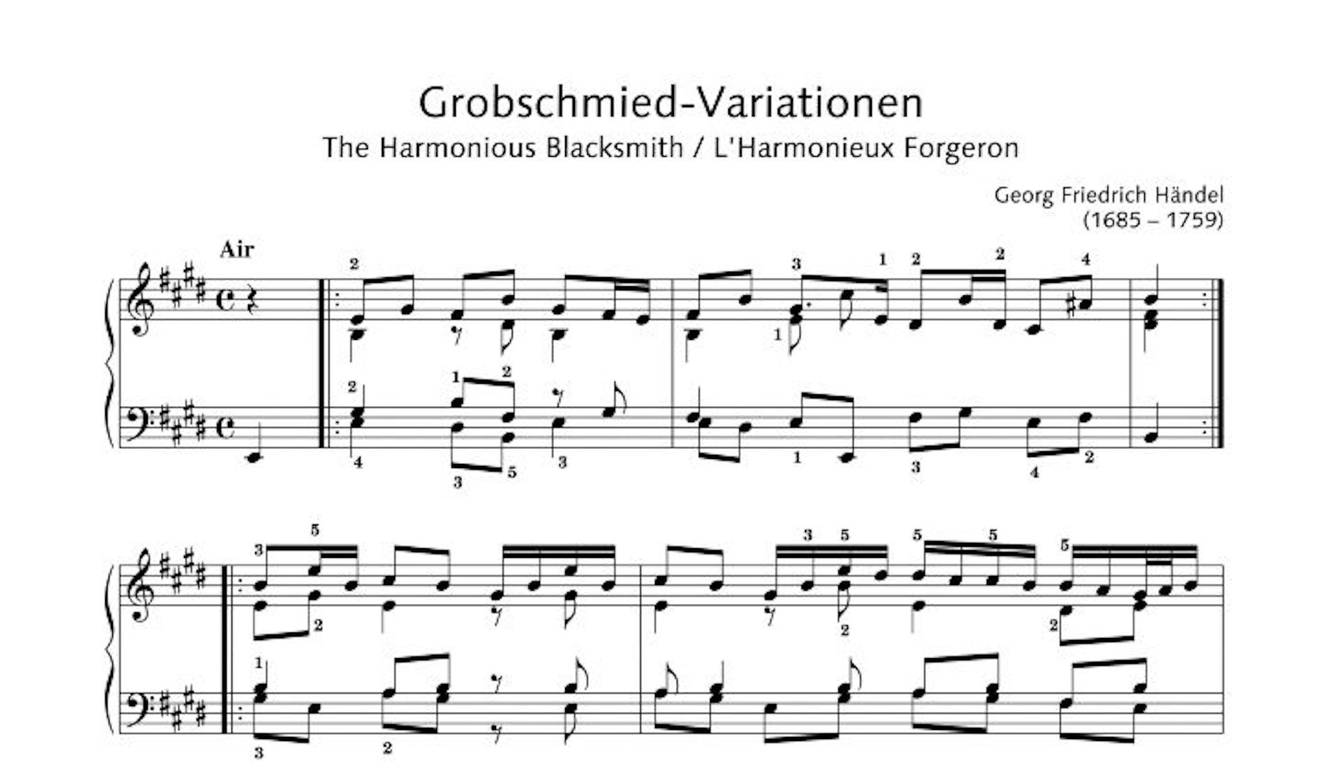 Snippet of musical score for The Harmonious Blacksmith by George Frederick Handel