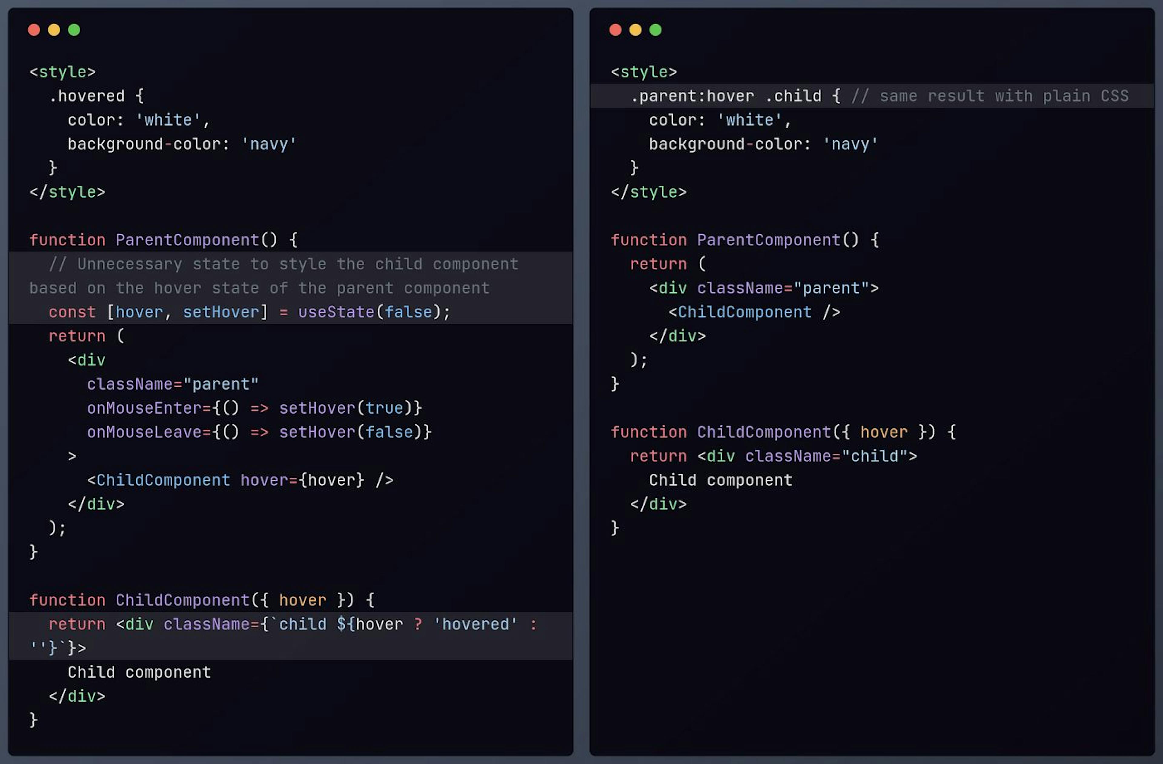 Usage of :hover pseudo class for styling child based on parent’s hover state.