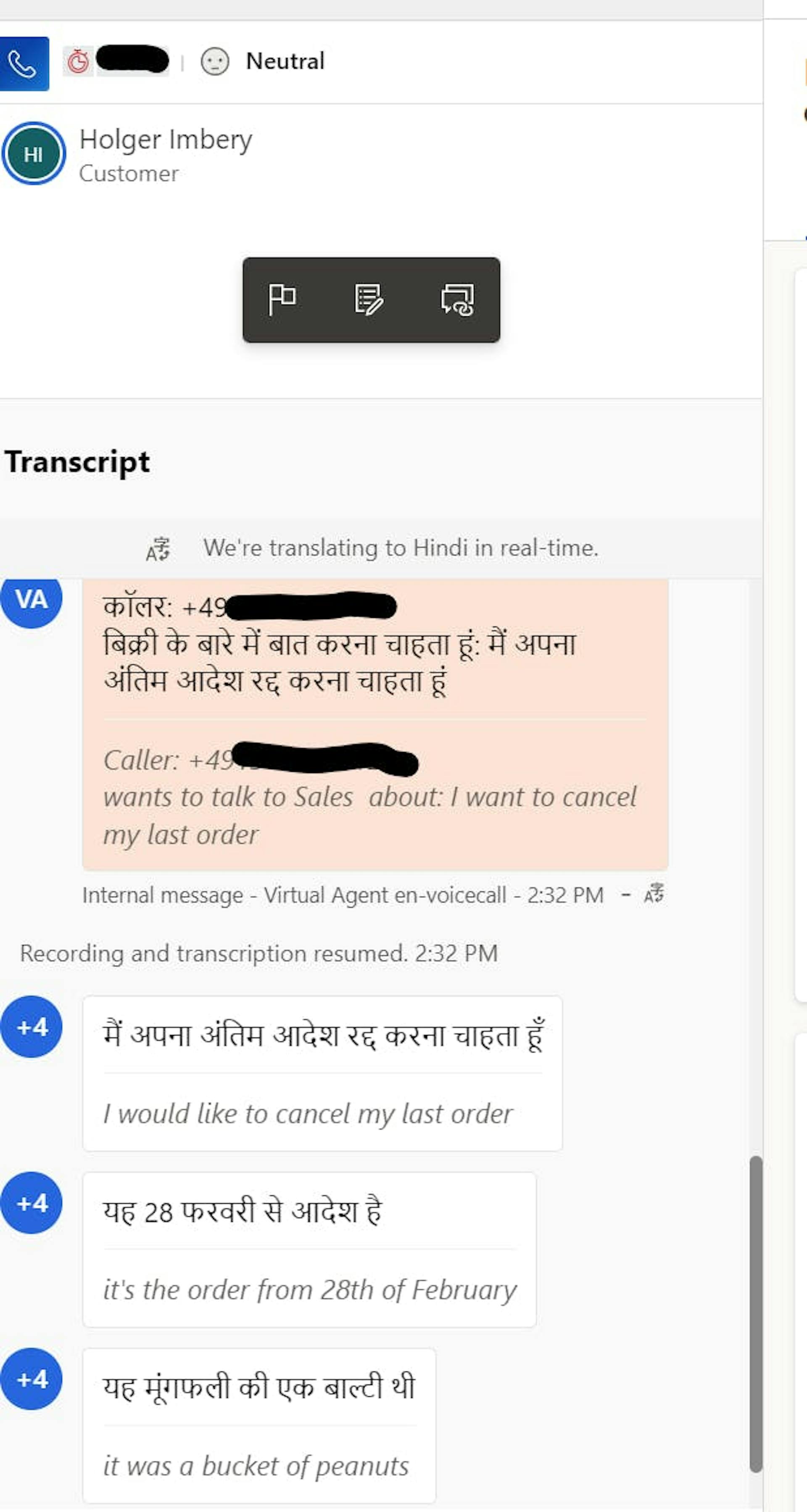 translated voice call from English to Hindi