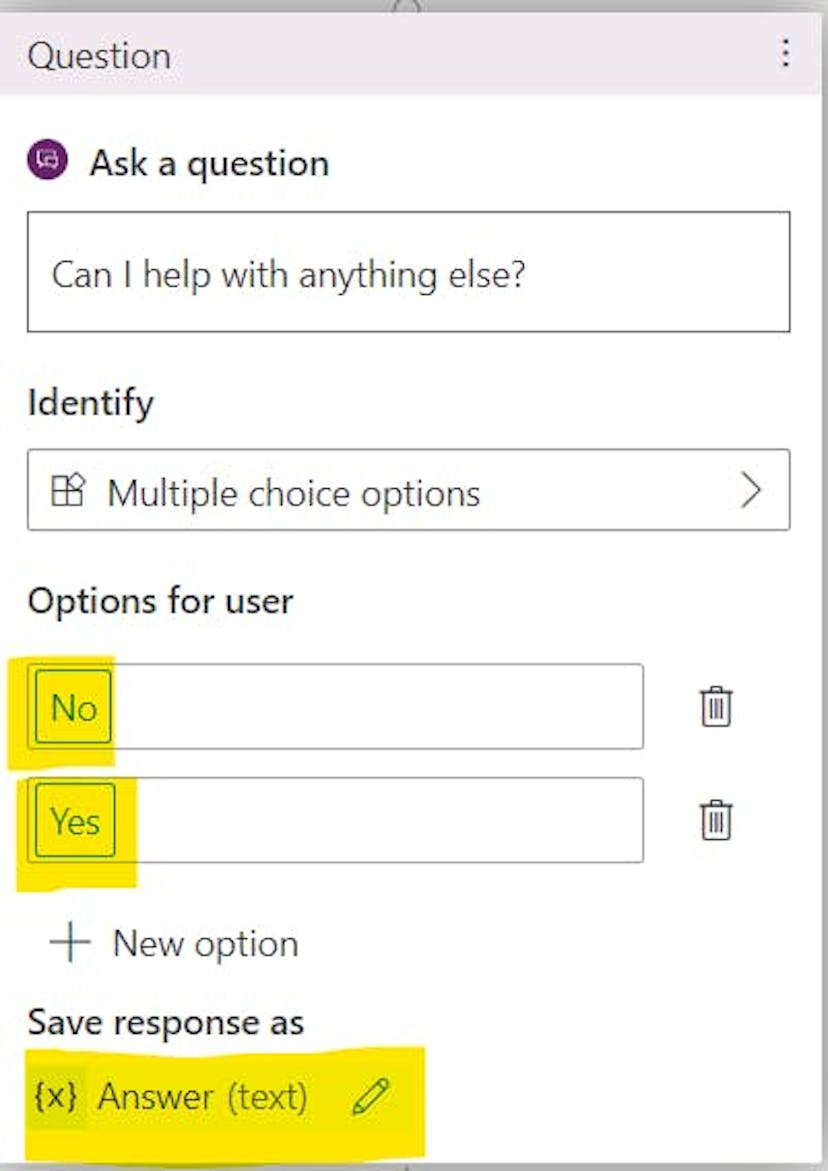 Create a new Question node and name the response as “answer”