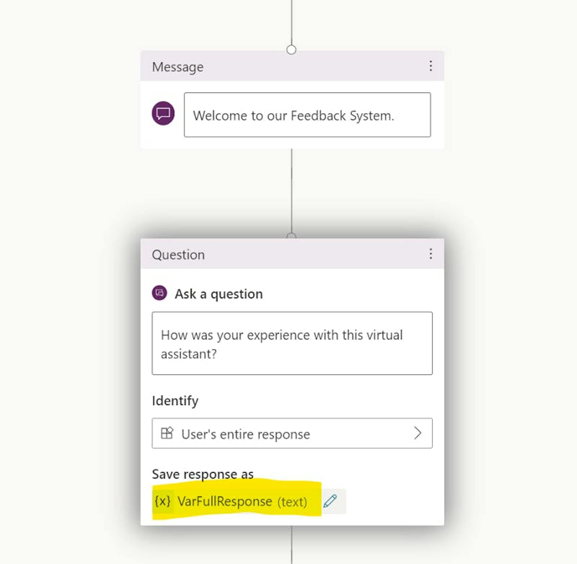 one message node to greet the User and a Question node to get Feedback