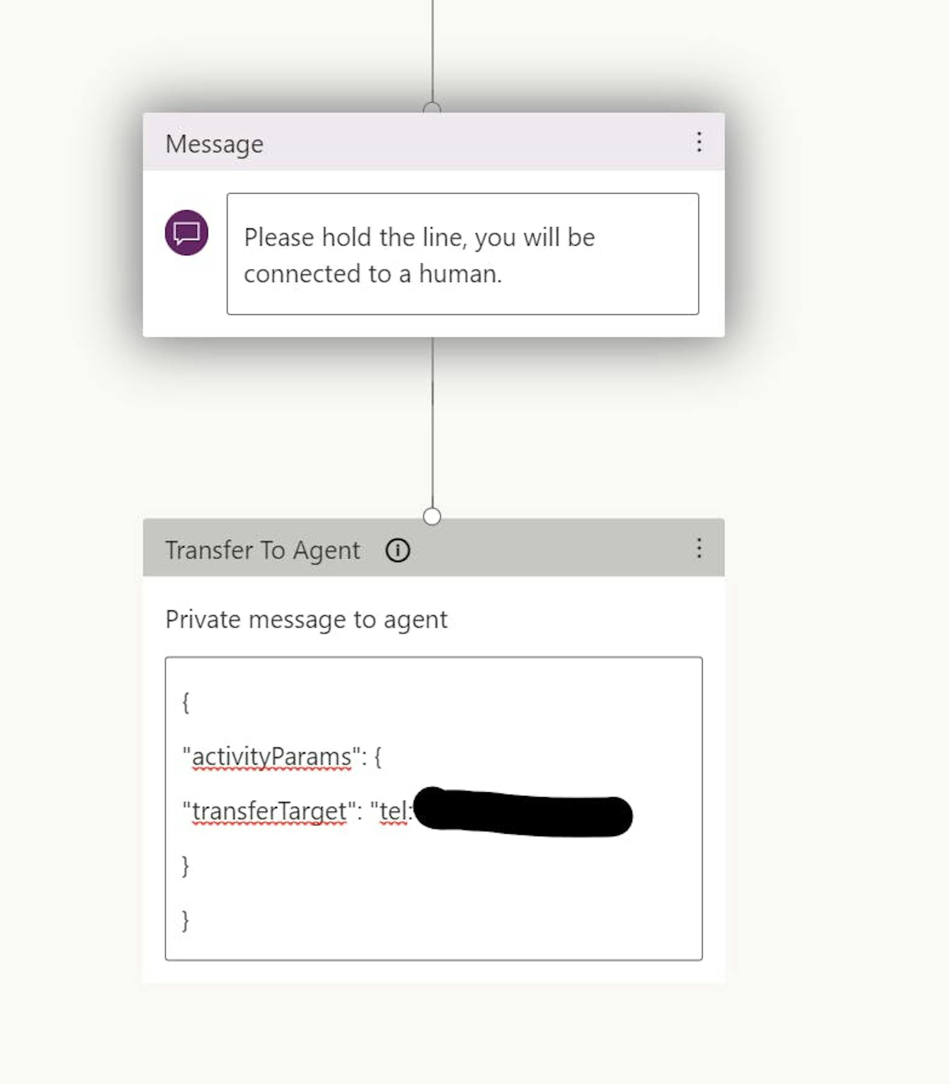 Create a “Message” and a “transfer to agent” node