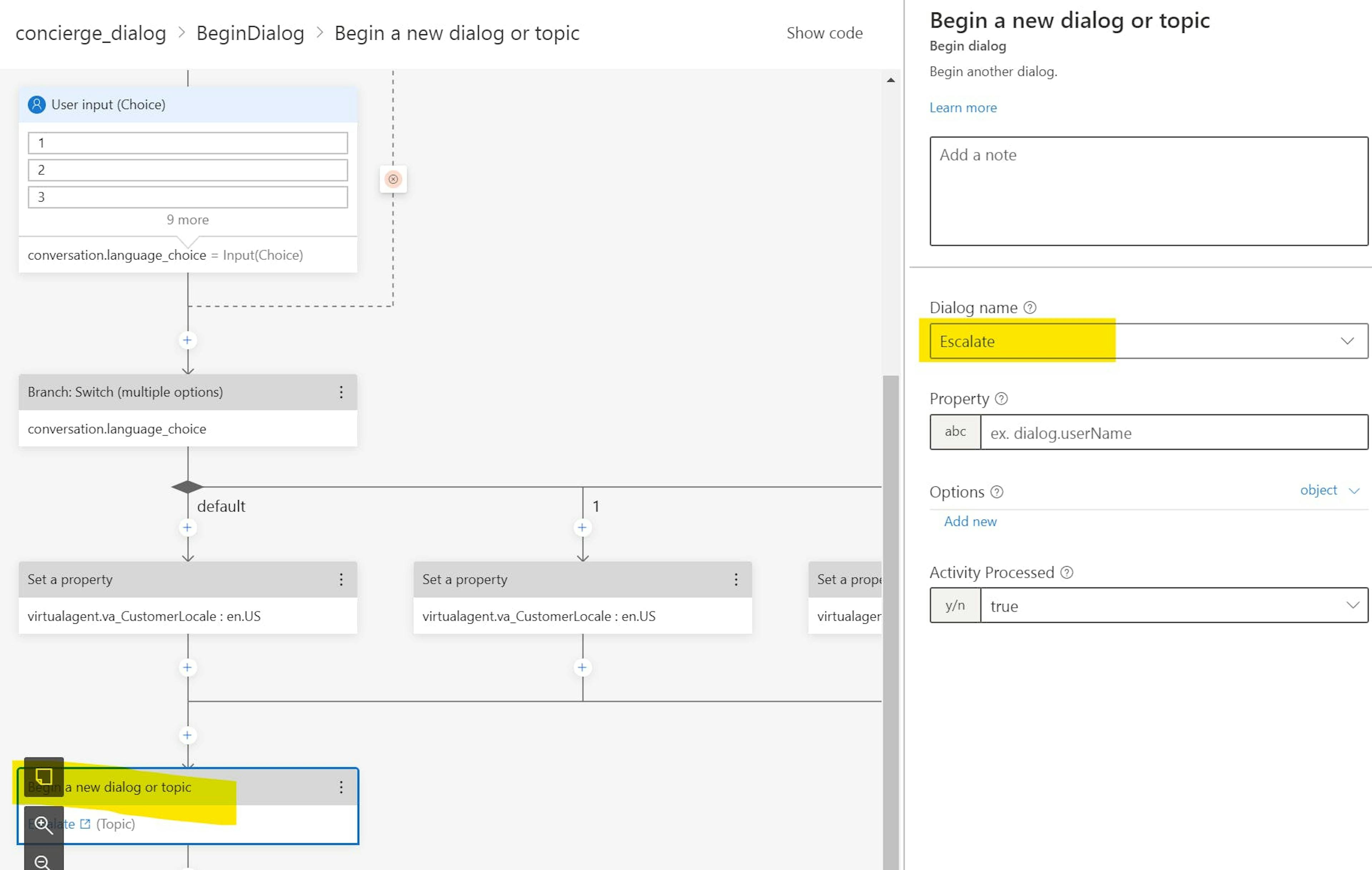 add a "begin a new dialog" node