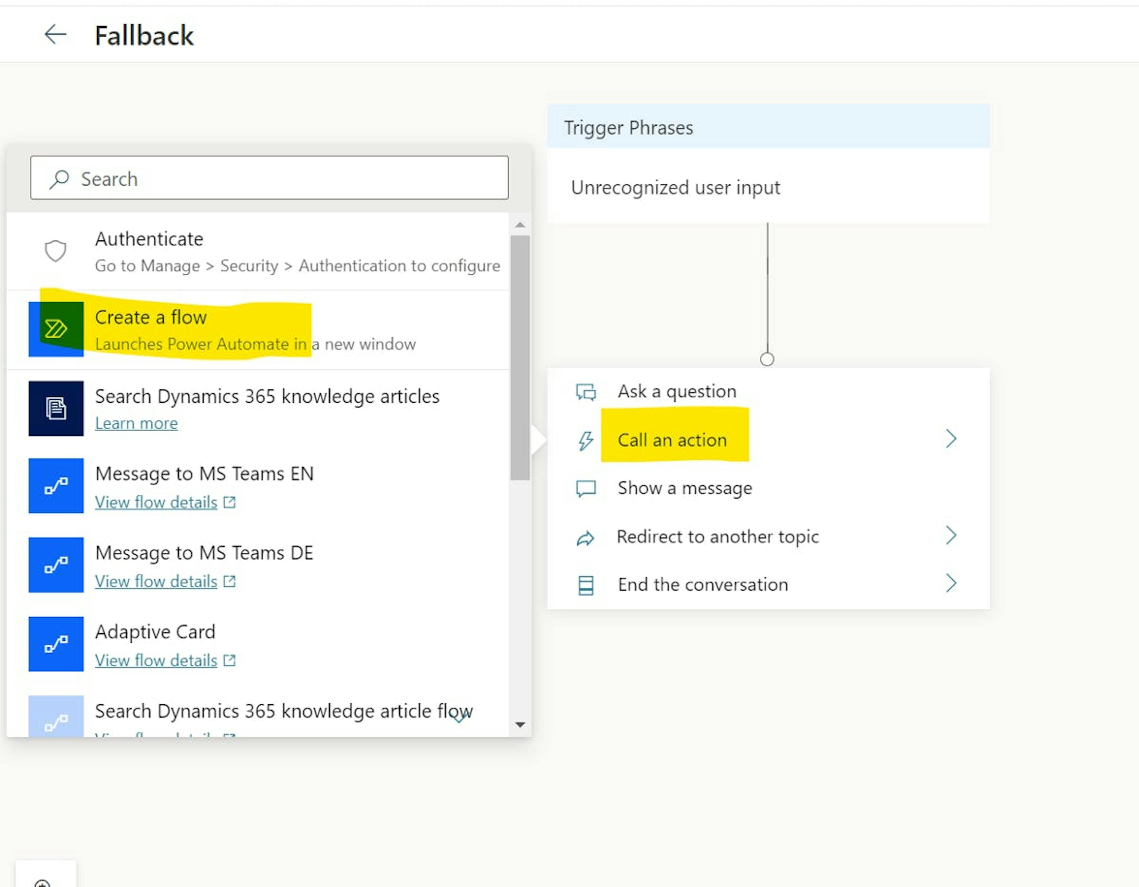 Create a new Call for an action node