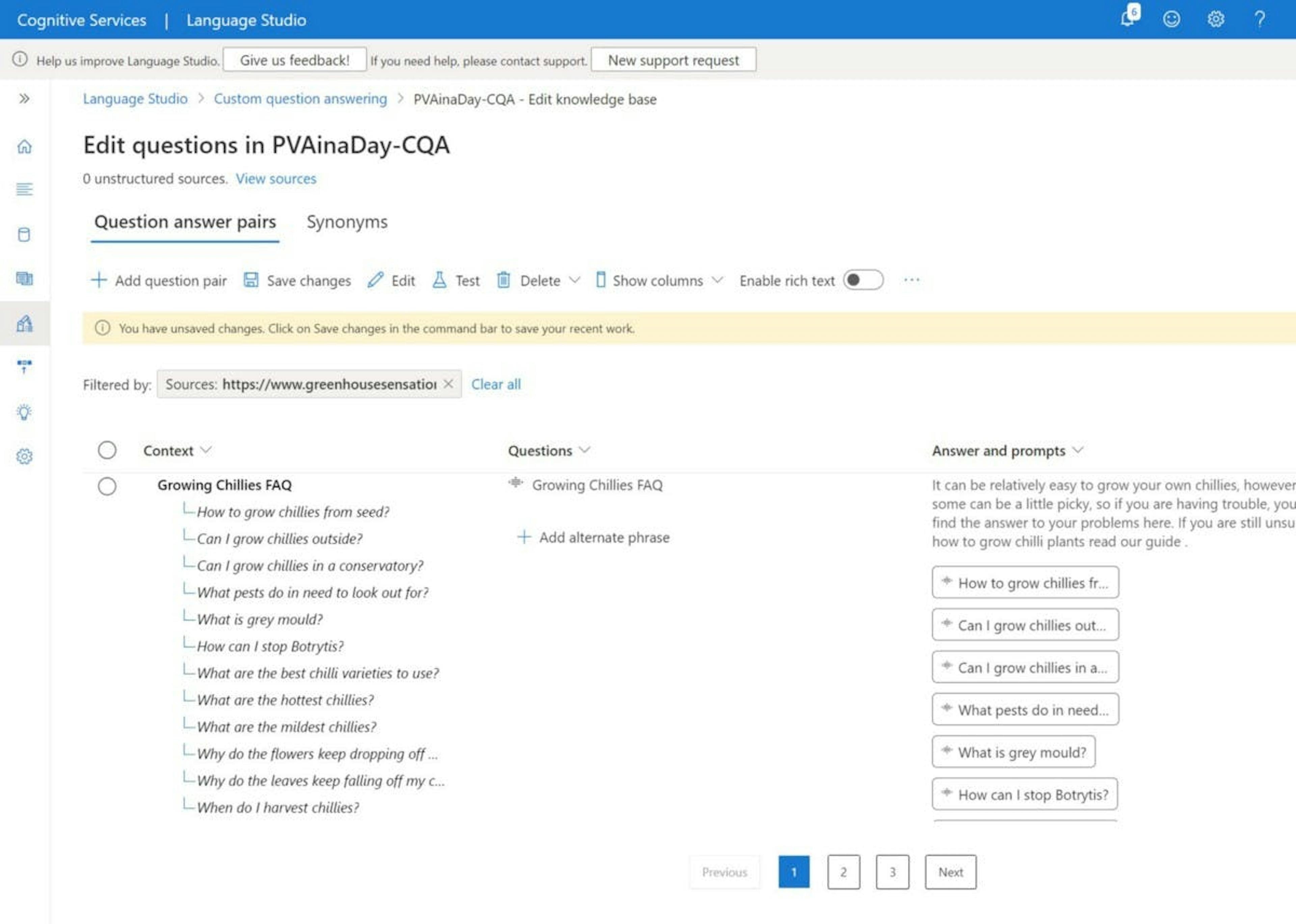 Question and Answer pairs in Knowledge Base