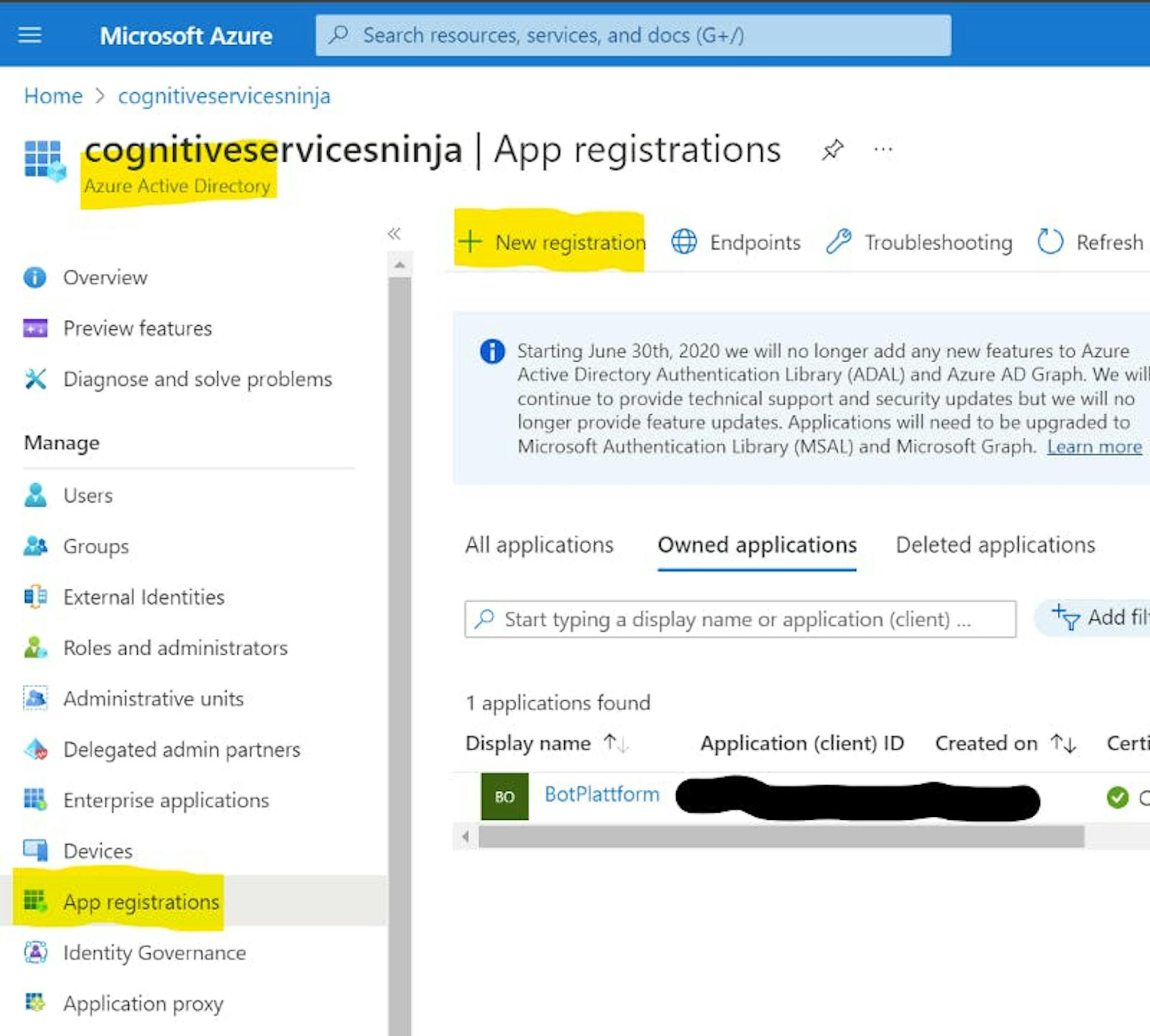 Create a new App registrations on Azure