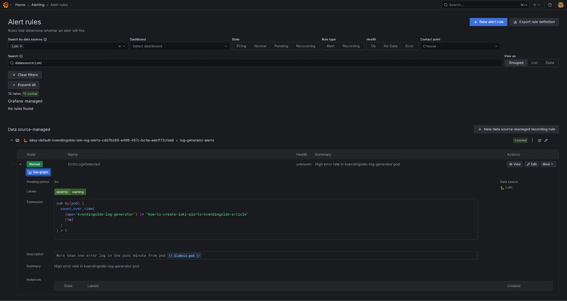 Grafana UI with Loki alert