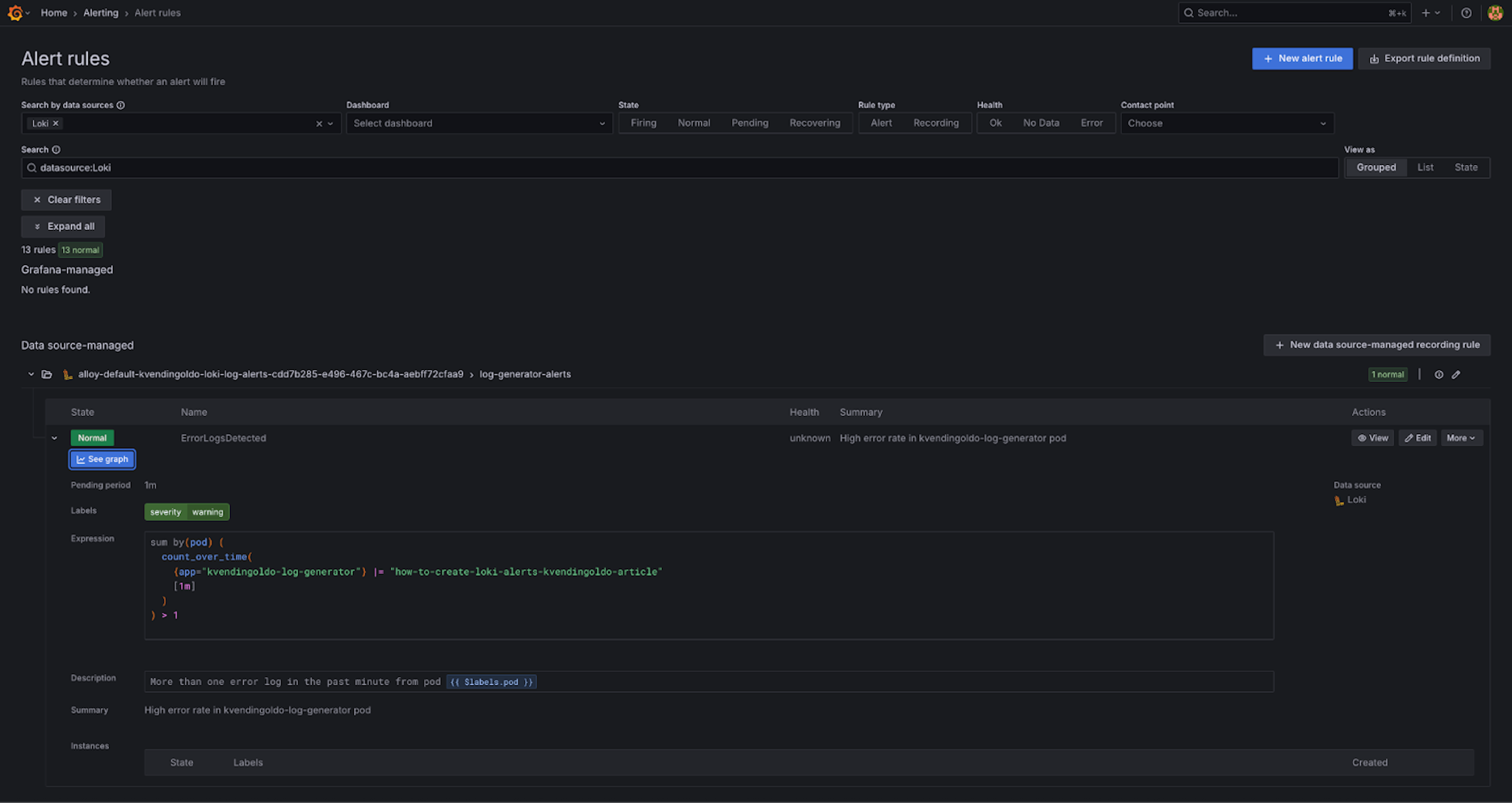 Grafana UI with Loki alert
