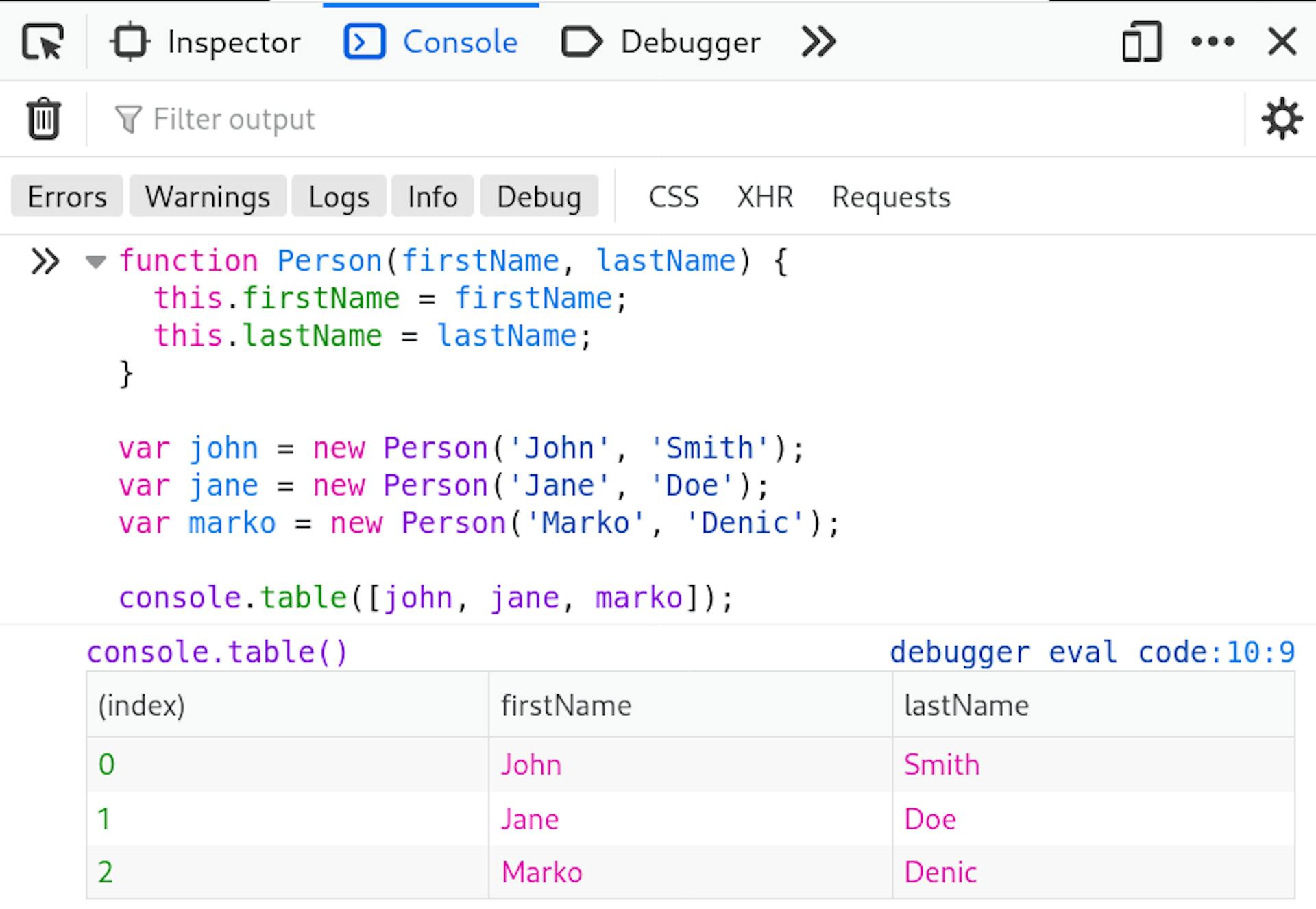 console.table()