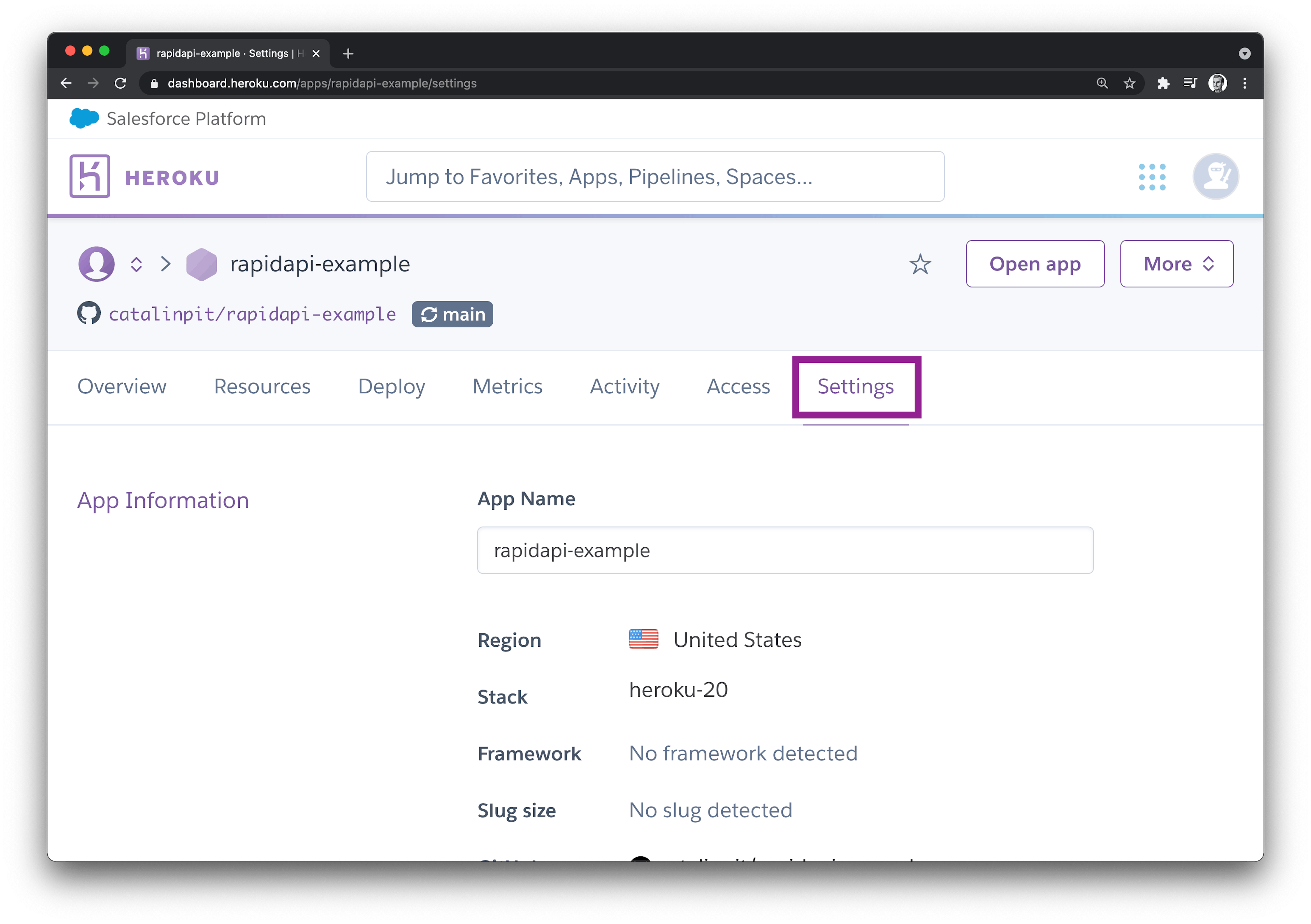 The settings page on Heroku