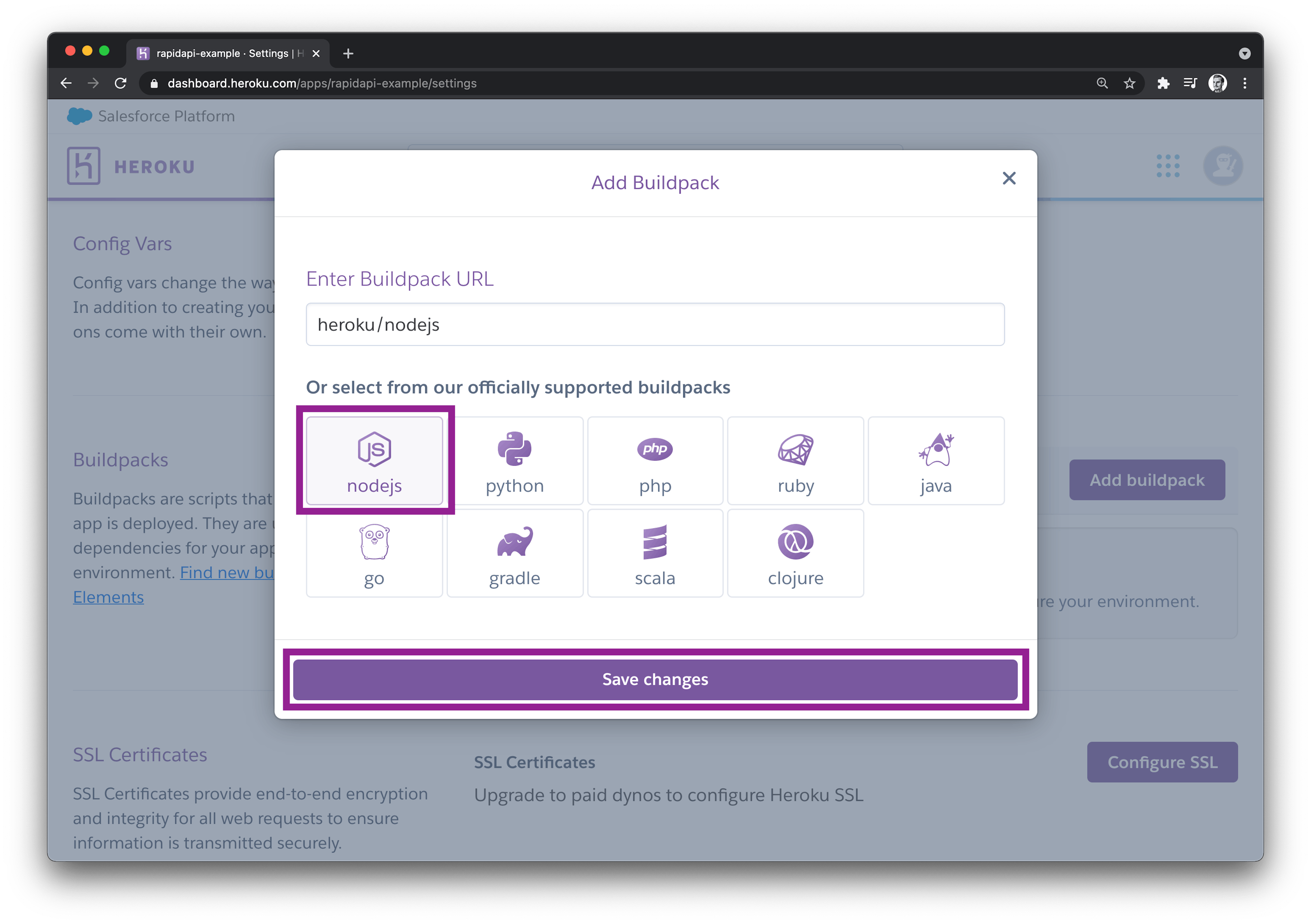 Select buildpack on Heroku