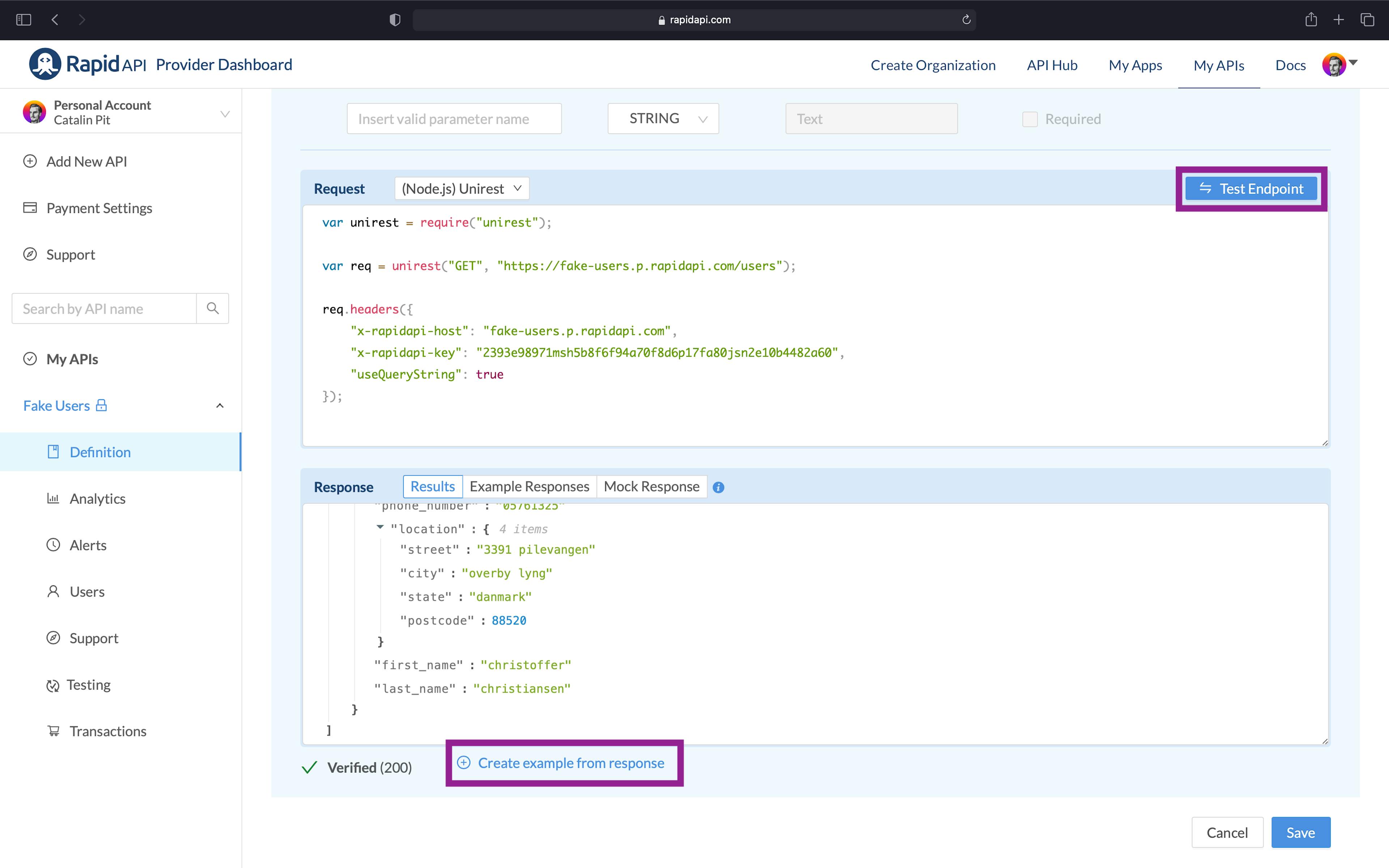 Test API endpoint in RapidAPI