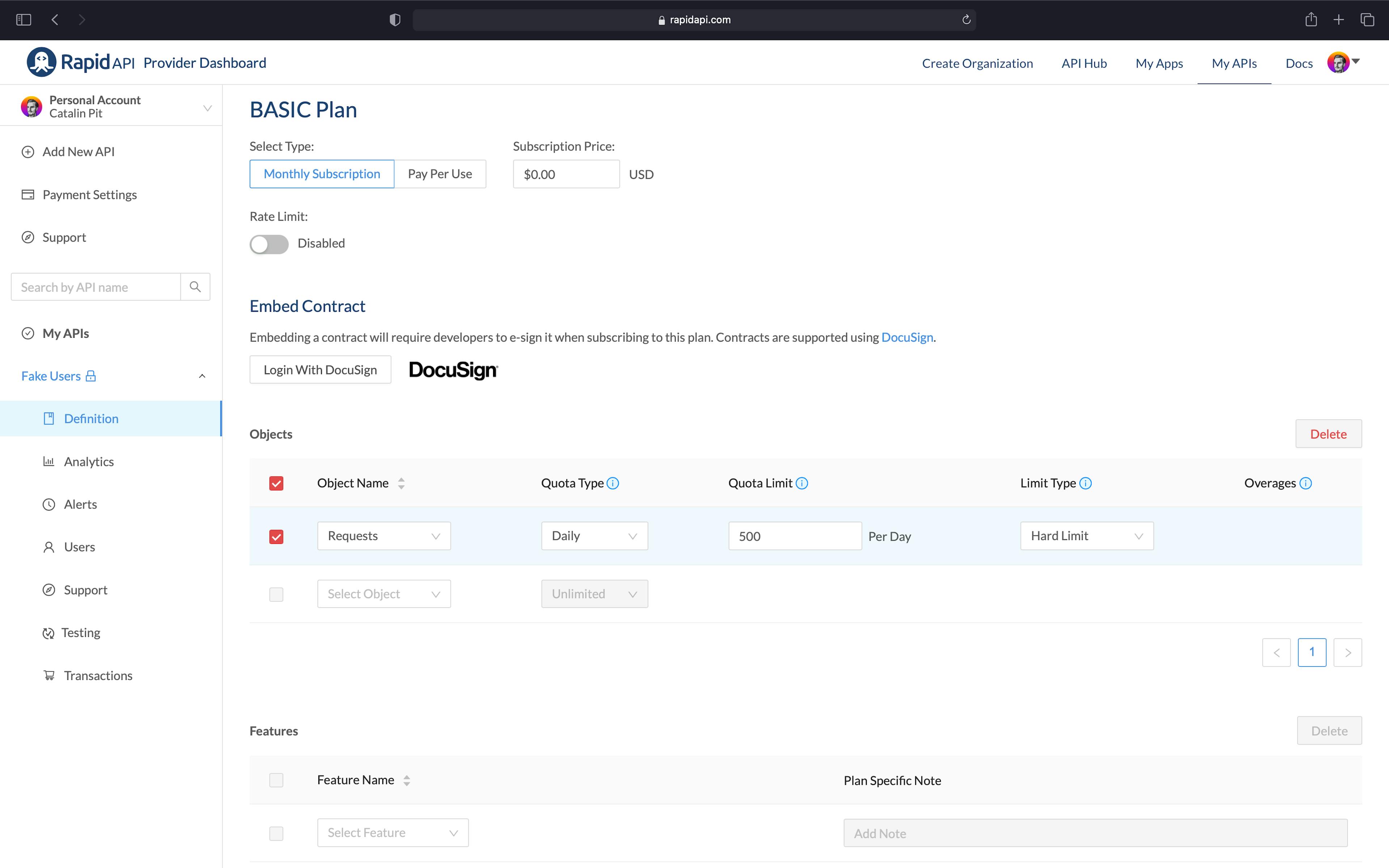 RapidAPI Provider Dashboard Setting the Pricing