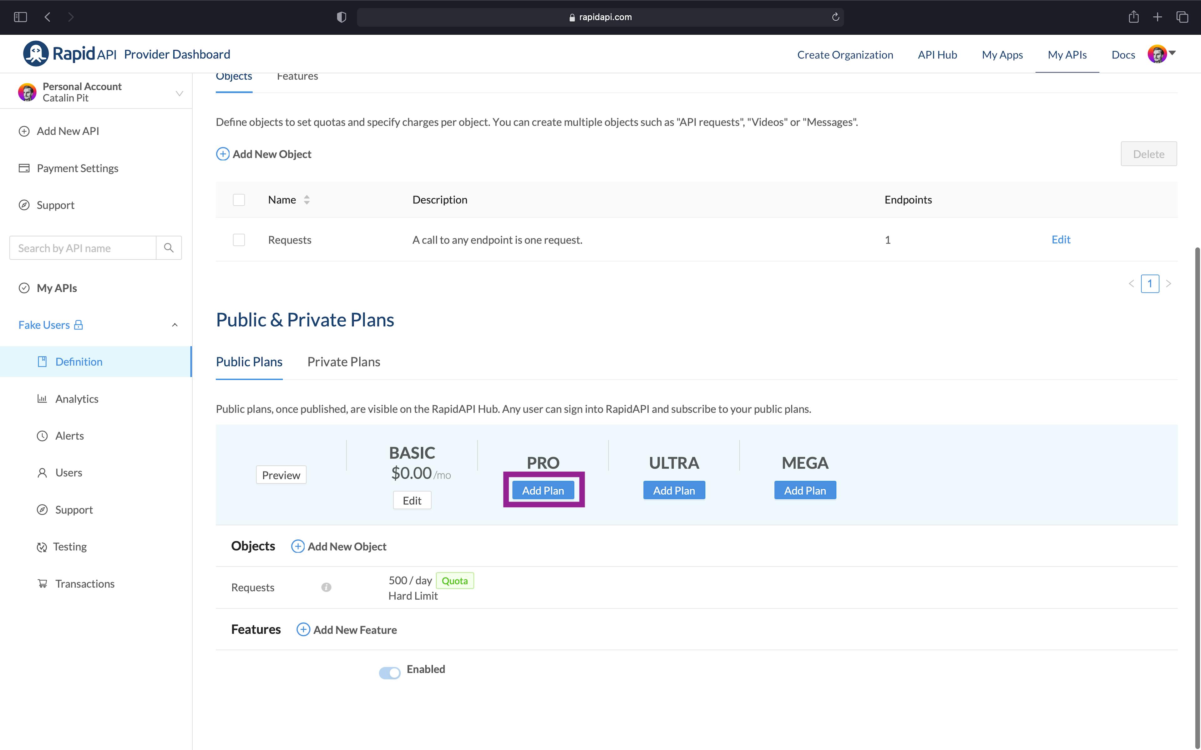 RapidAPI Provider Dashboard Public and Private Plans