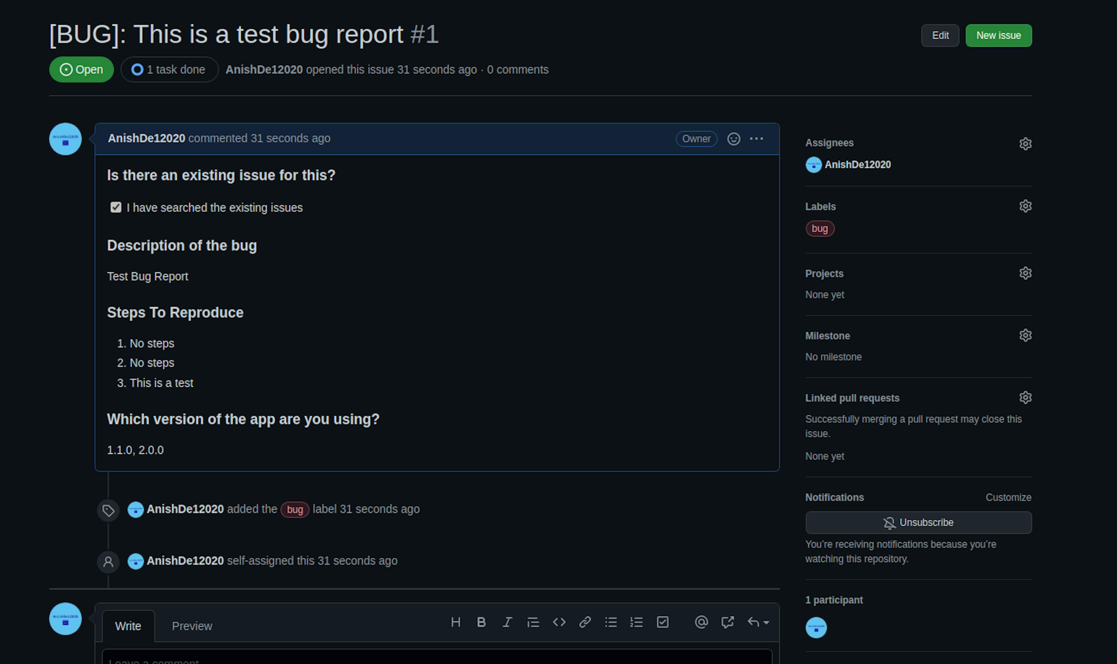 The bug report form