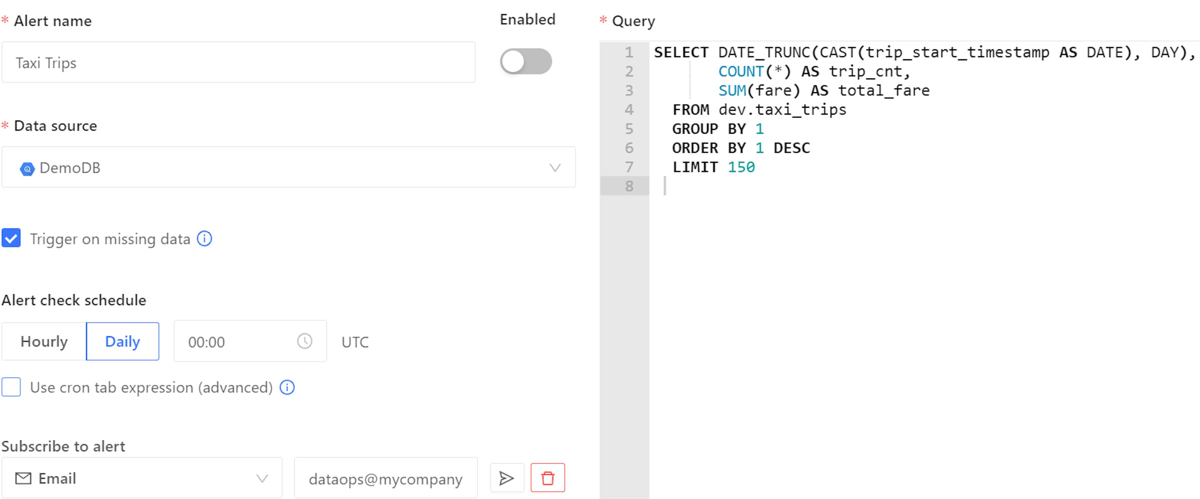 Datafold alert created from SQL statement