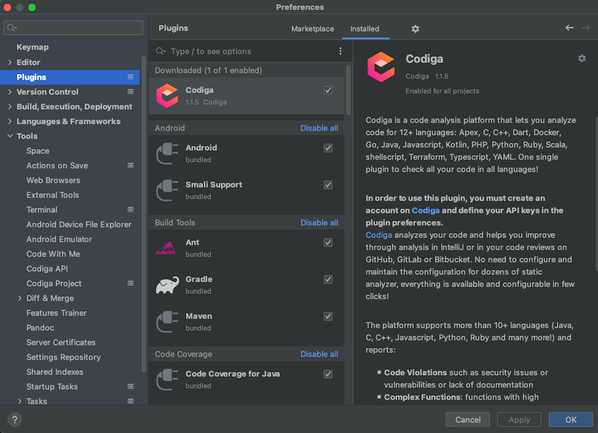 The Codiga Coding Assistant is available directly in the JetBrains marketplace
