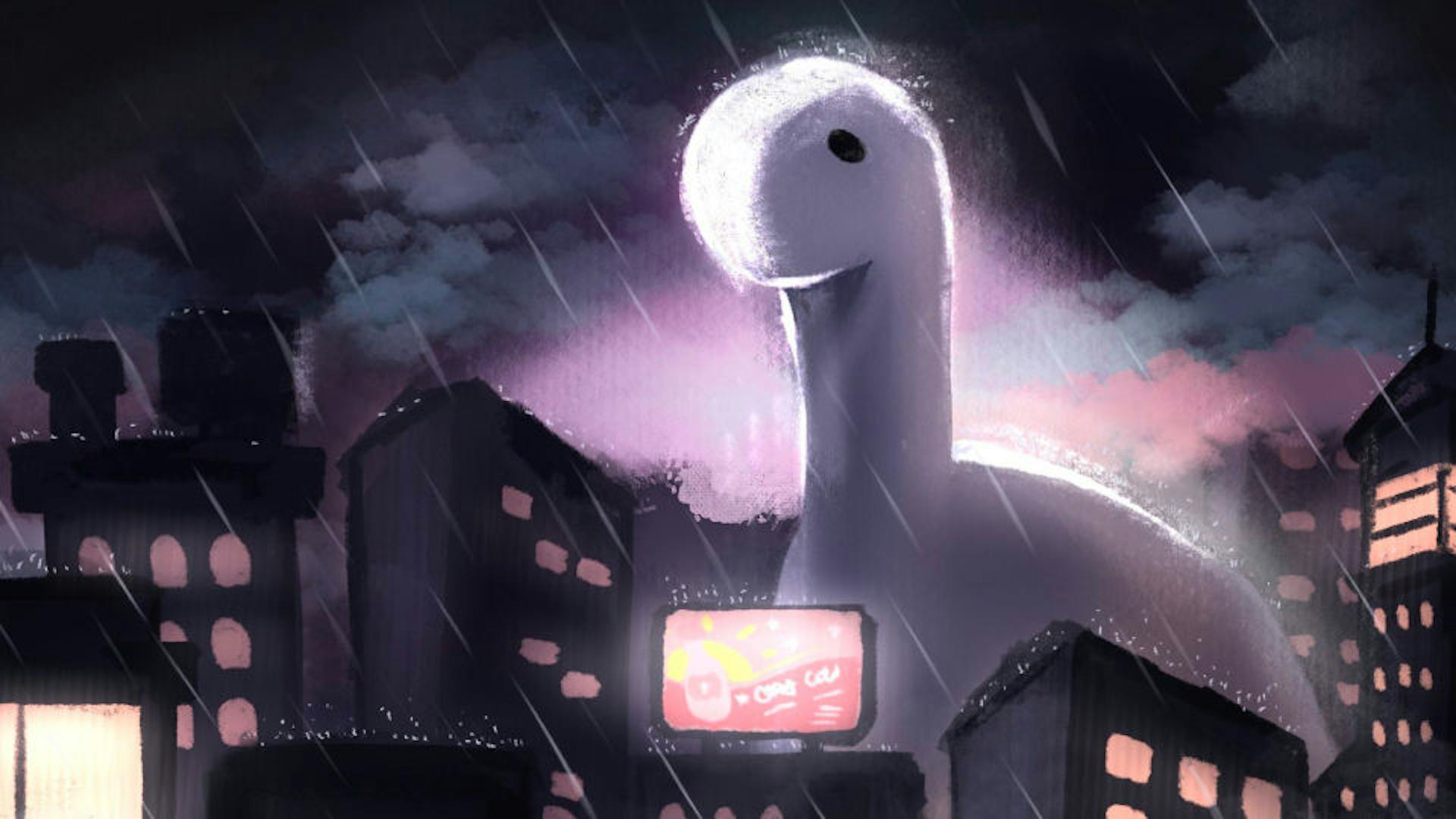 Dino from Deno logo in a raining city (by Dimitrij Agal)