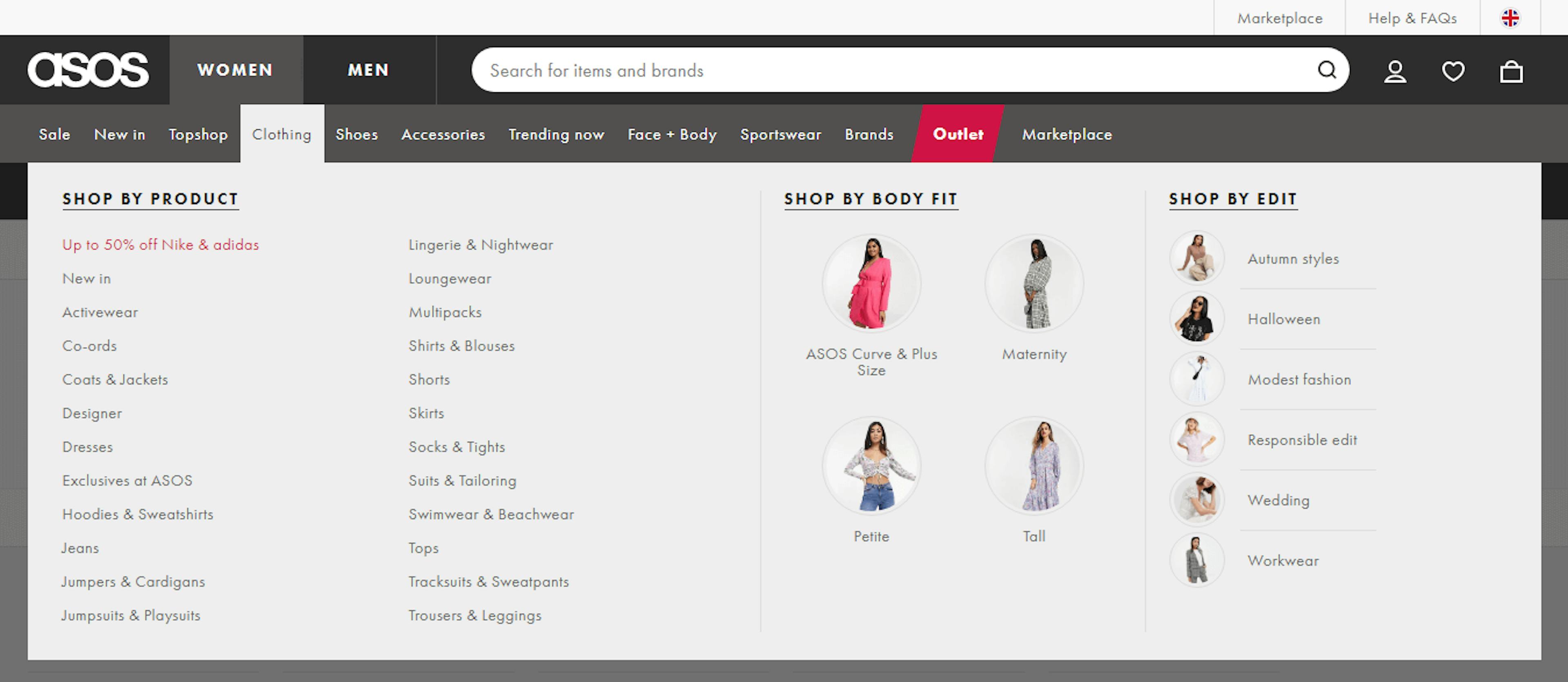 Asos.com women's clothing mega menu
