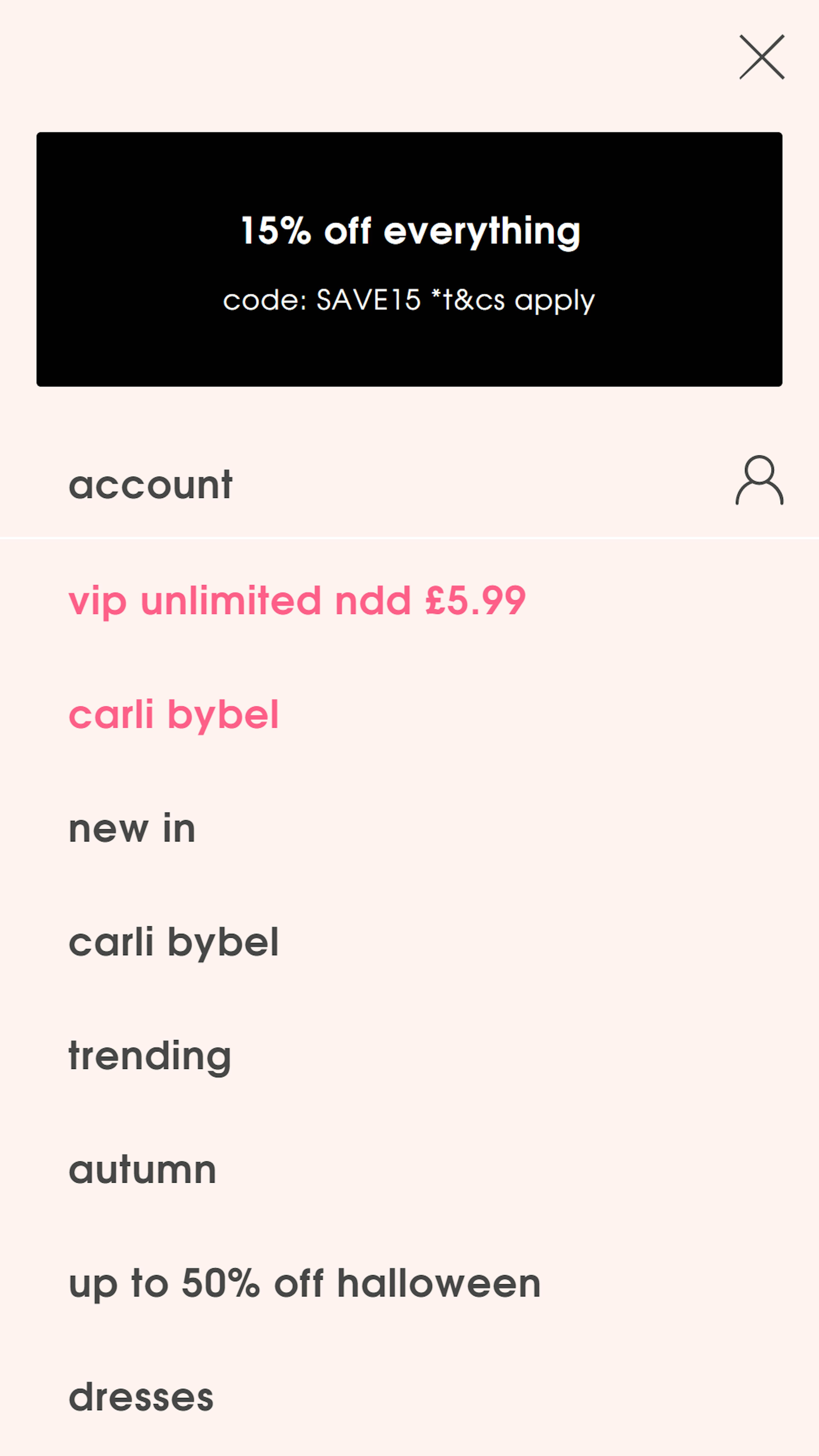 MissGuided mobile menu