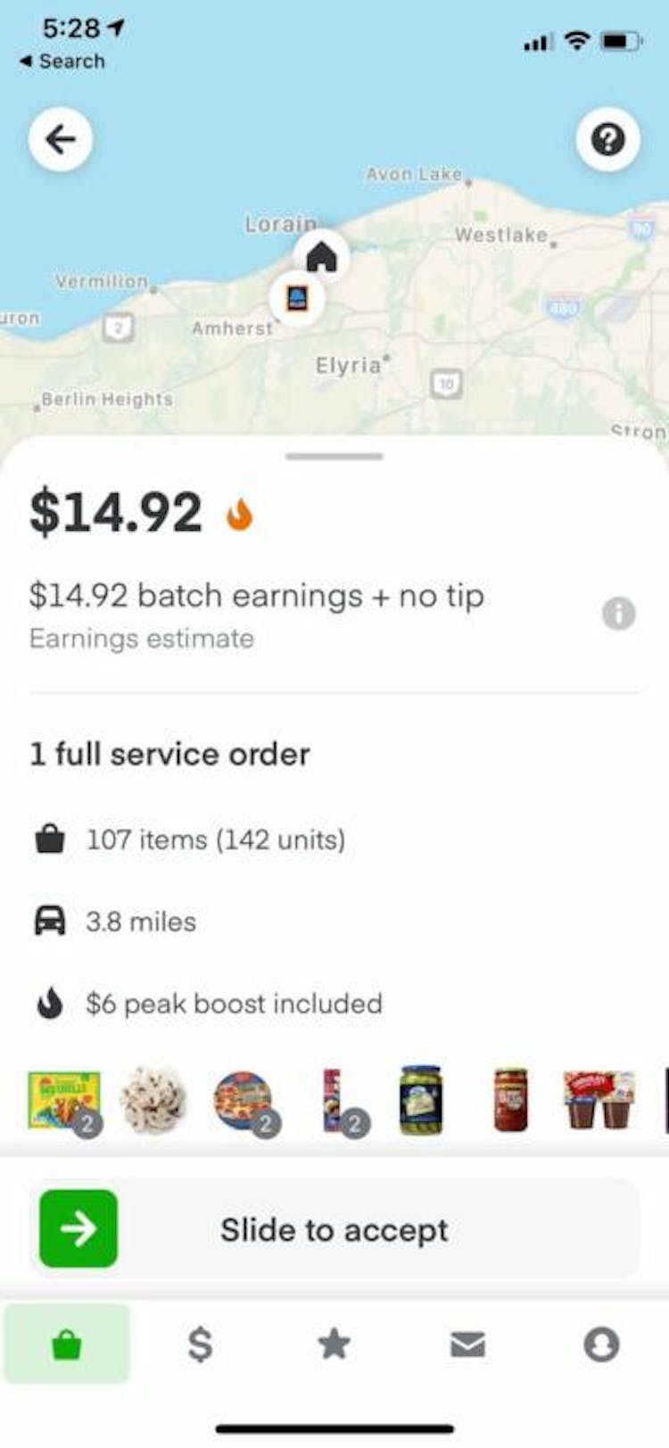 Screenshot of the Instacart app, which offers $14.92 and no tip for a delivery of 107 grocery items. Source: Kelly Harris