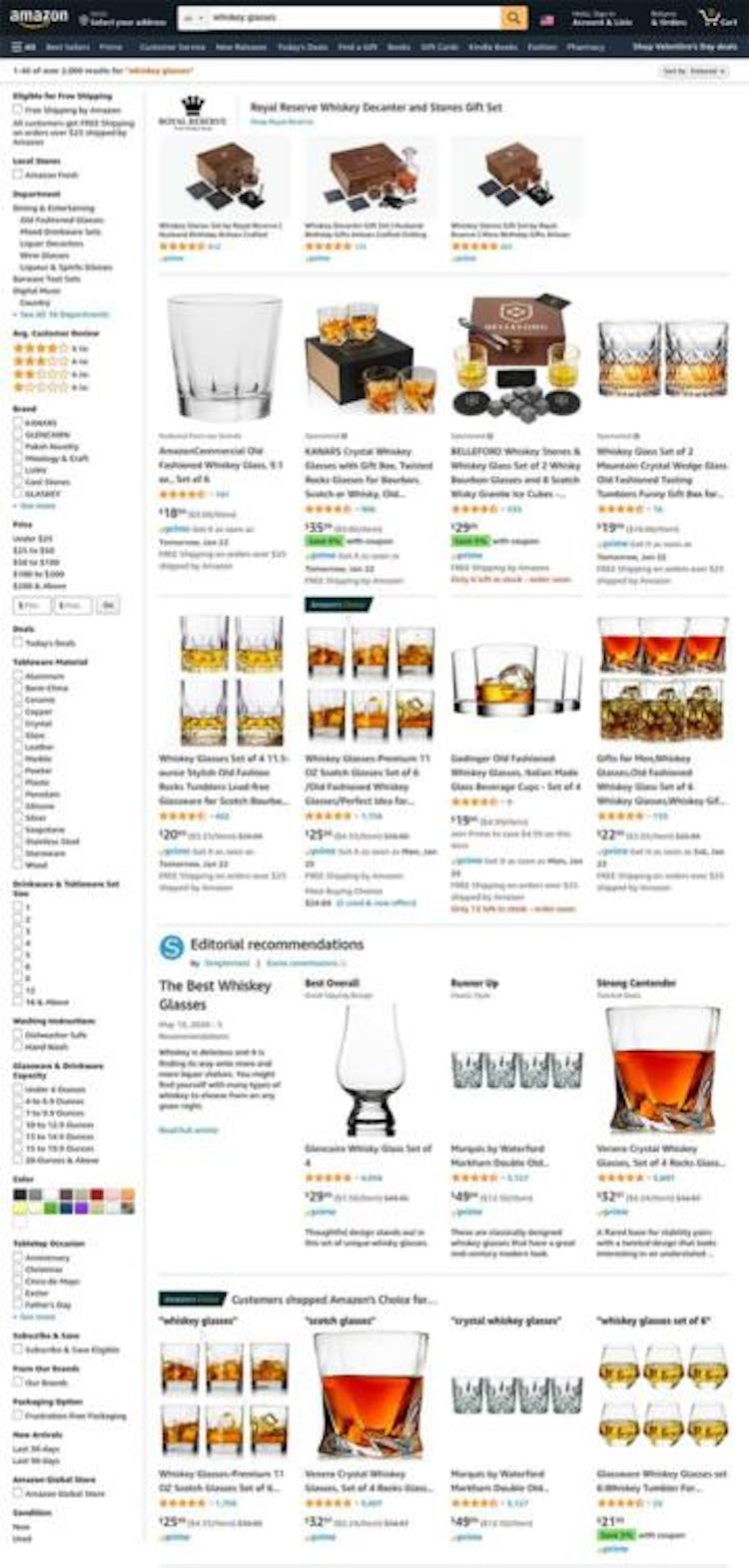 A screenshot of Amazon's website showing the products and options when searching for "whiskey glasses."