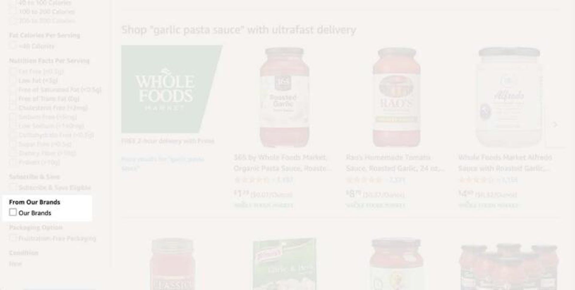 A screenshot from Amazon's website shows the "Our Brands" filter for search results.