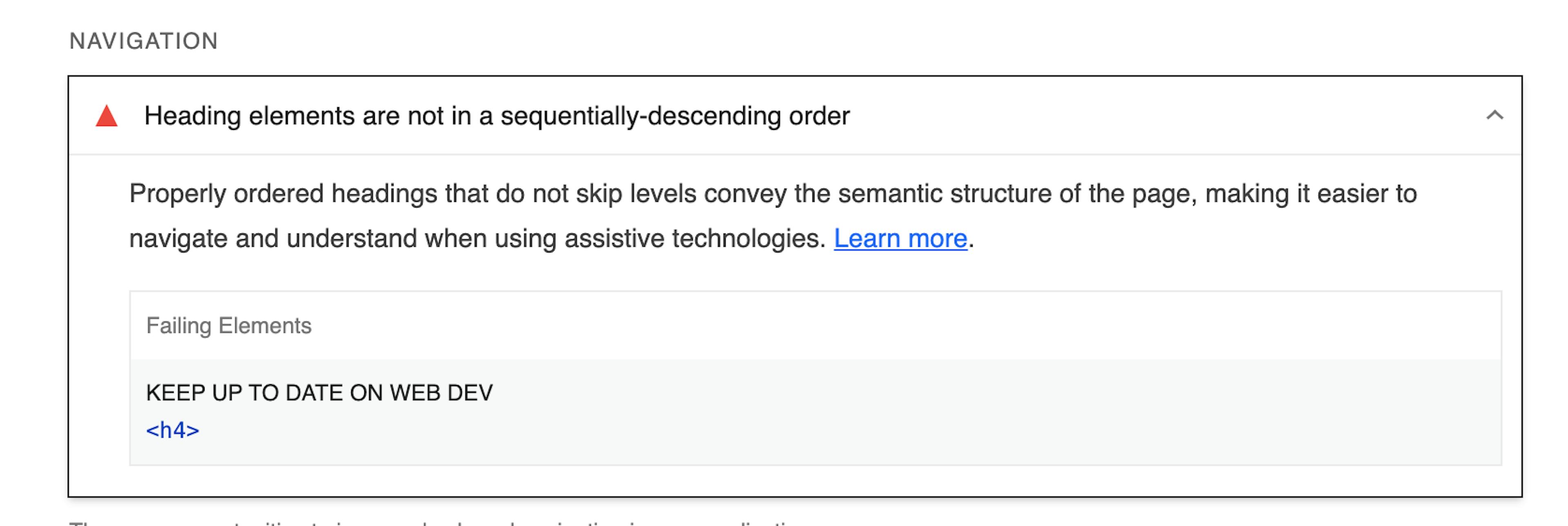 Screenshot of “Heading elements are not in a sequentially-descending order” error shown on Lighthouse audit