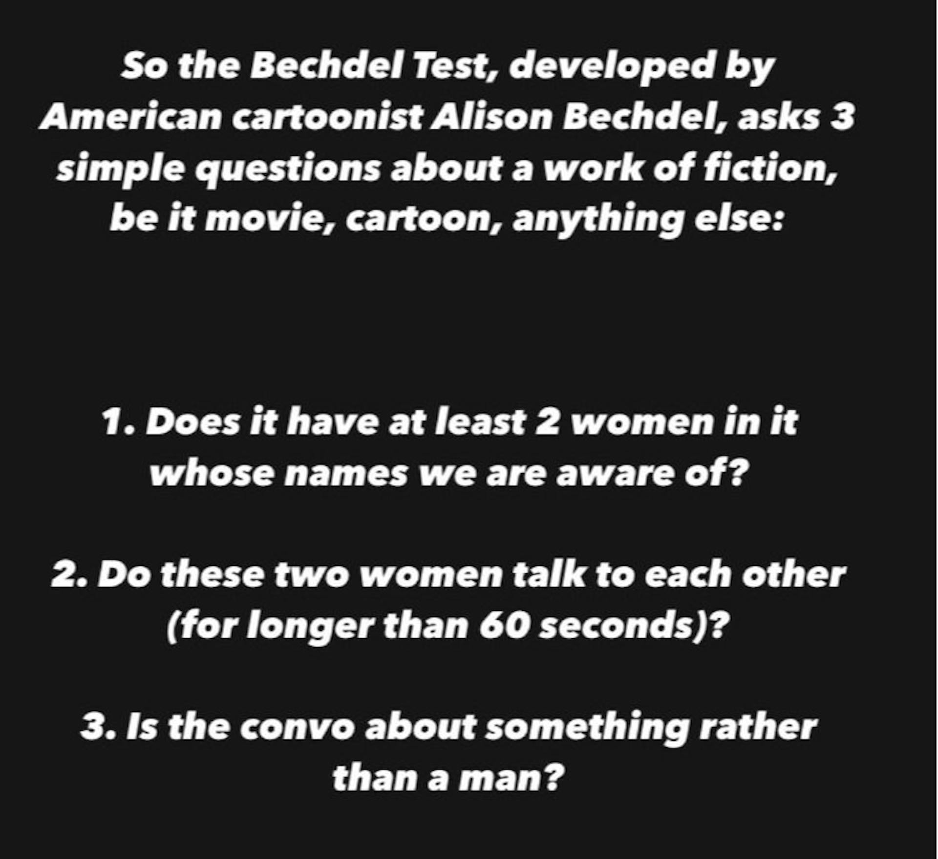 Here’s the Bechdel test again, for ease of reference.