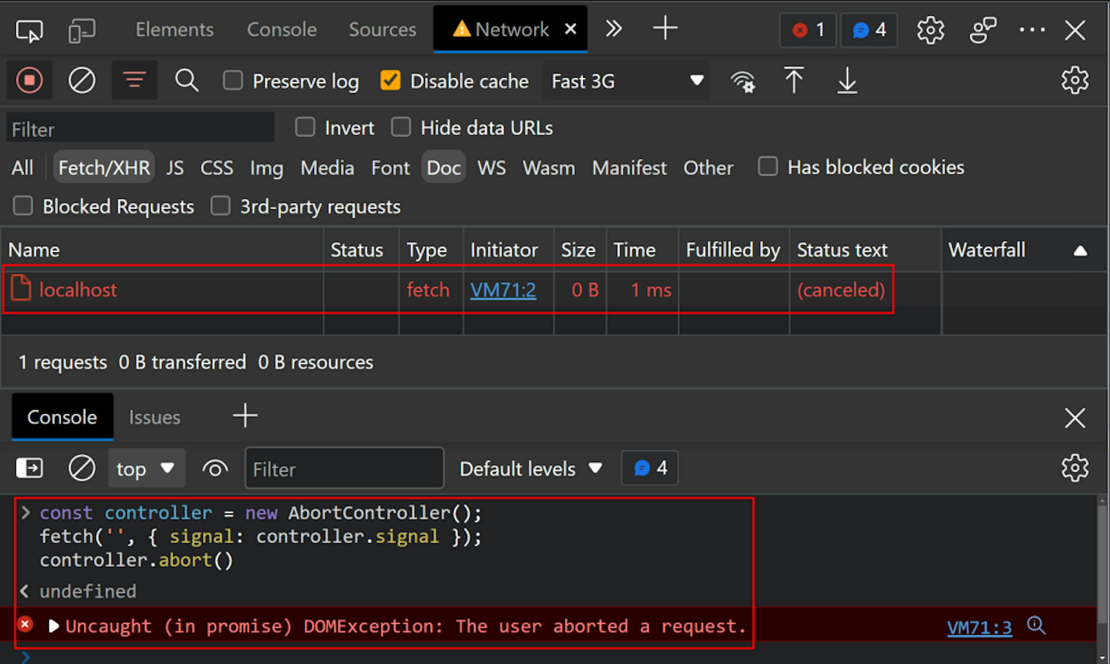 Chrome geliştirme araçları, JavaScript konsolu açıkken ağa açıldı. Konsolda "const denetleyici = new AbortController();fetch('', { signal: Controller.signal });controller.abort()" kodu bulunur ve ardından "Yakalanmamış (sözde) DOMException: The kullanıcı bir isteği iptal etti." Ağda, "(iptal edildi)" durum metniyle birlikte "localhost"a bir istek var