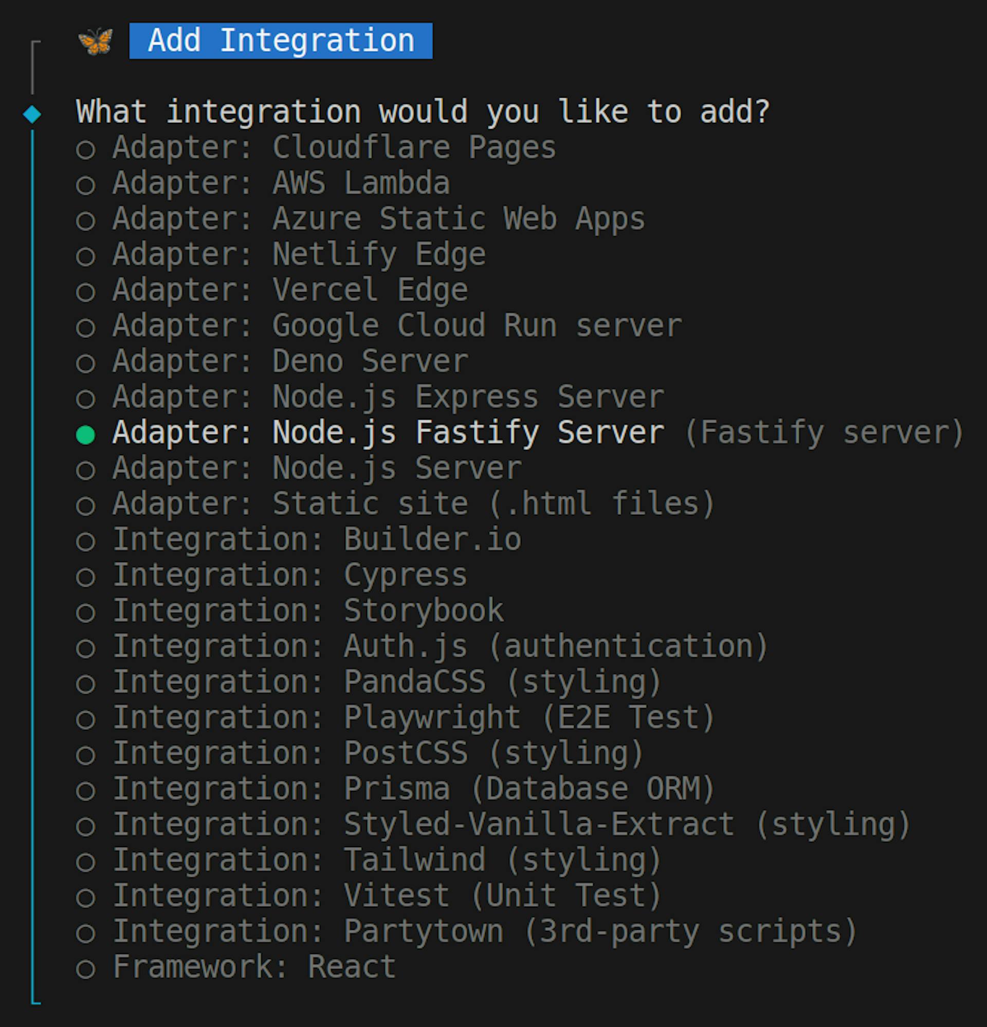 The resulting screen from `npm run qwik add` command, showing the list of integrations.