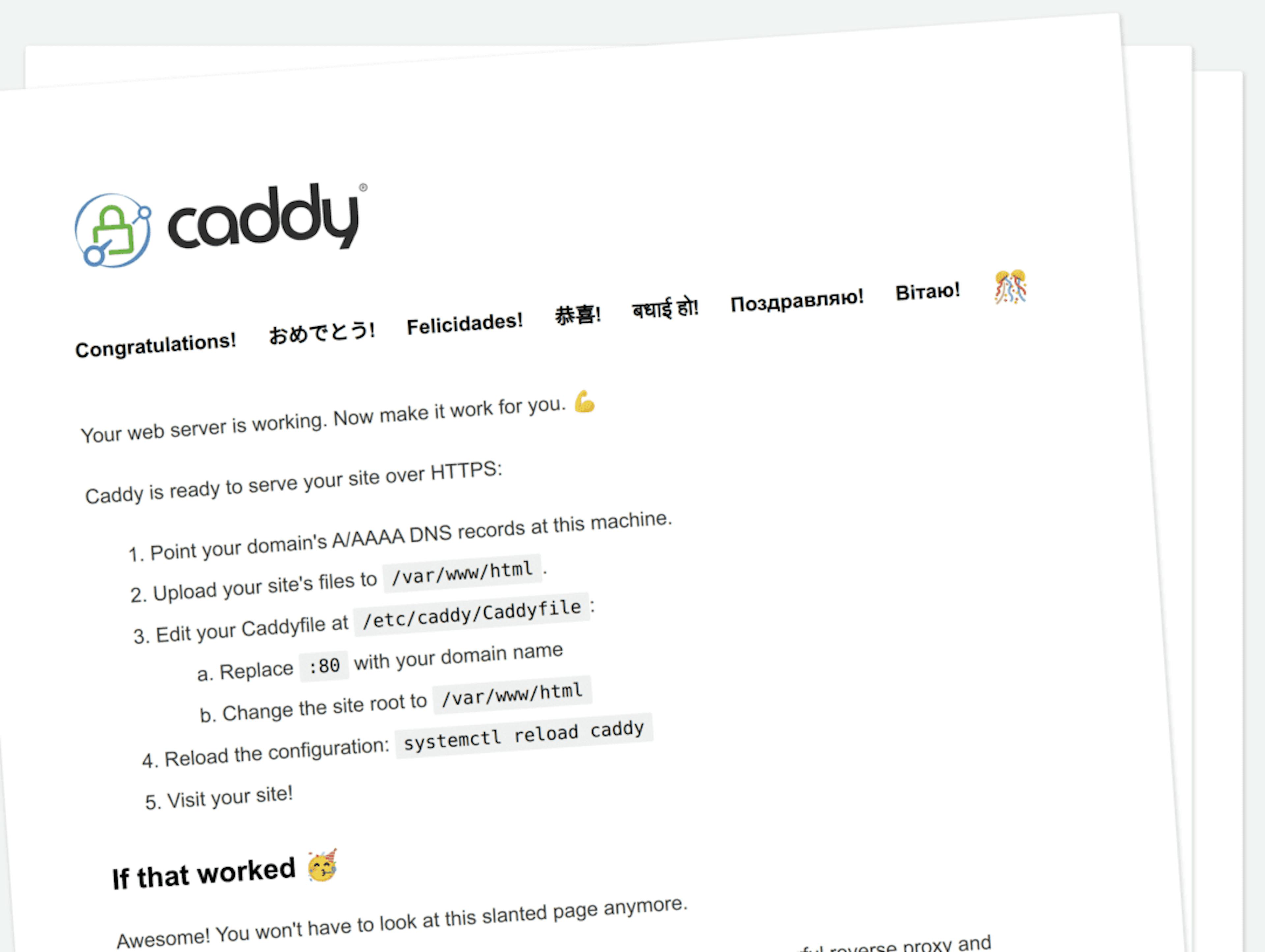 Default Caddy homepage with instructions on how to get started.