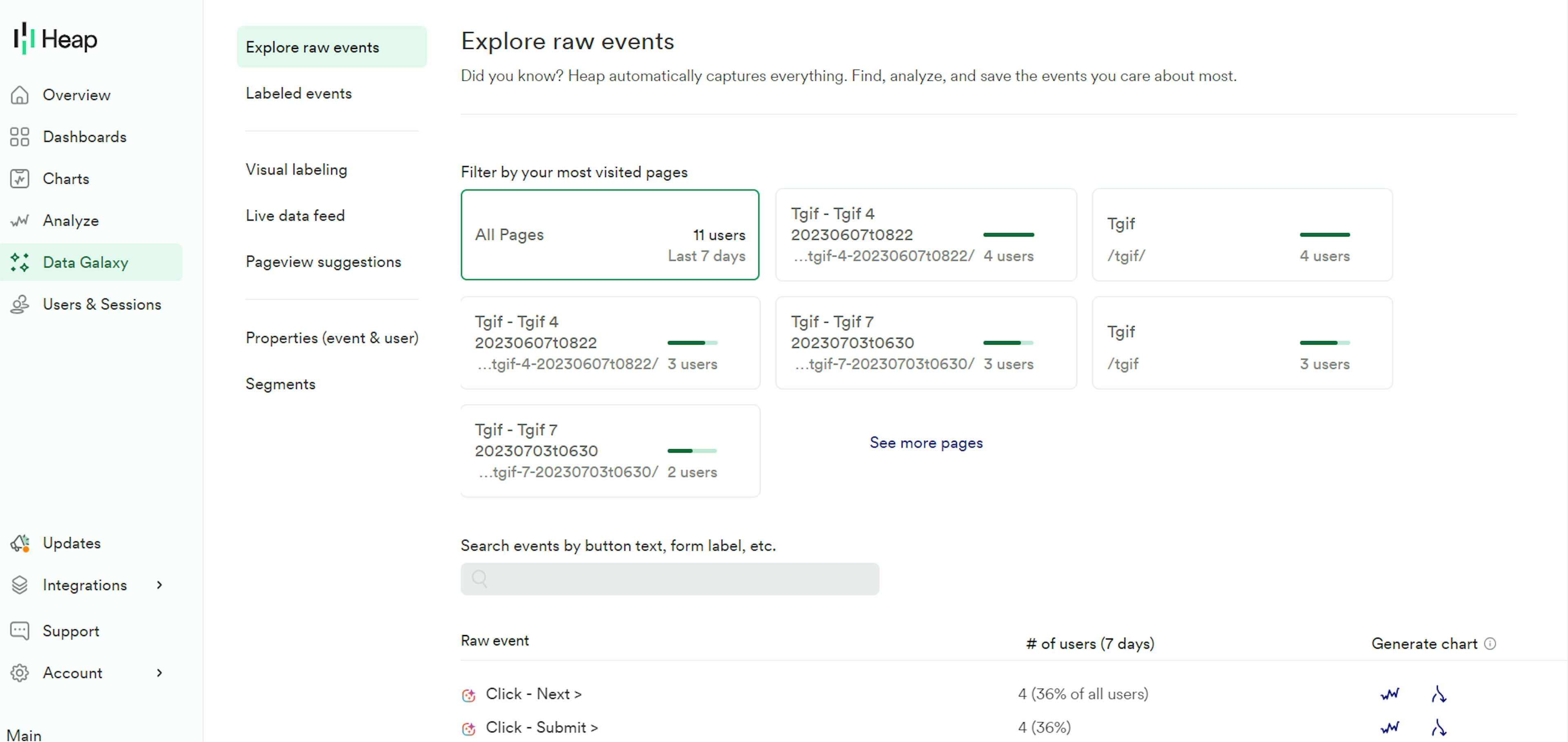 Heap Events definition & summary view