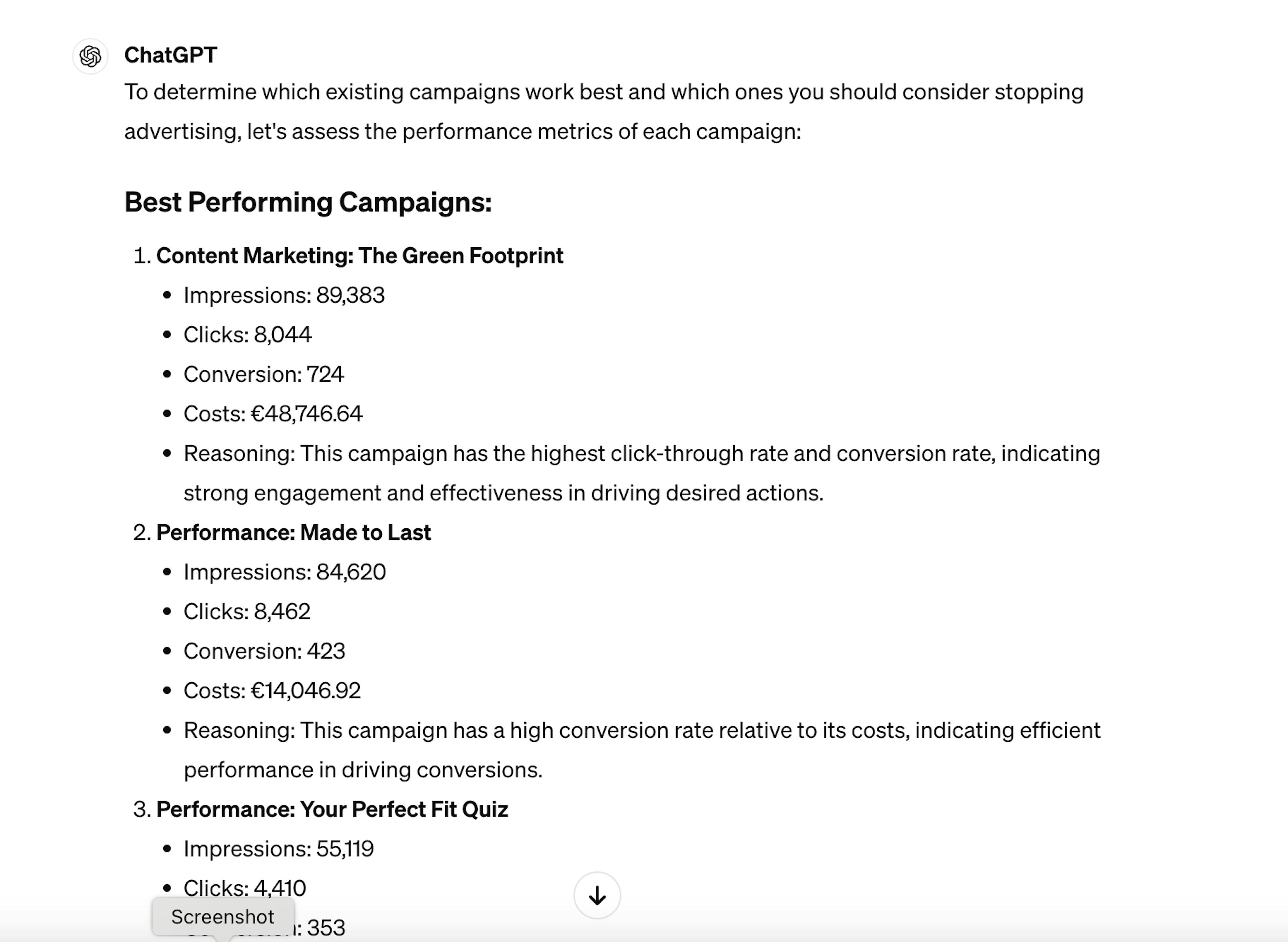 I employed ChatGPT to analyze my campaign performance and provide optimization recommendations.