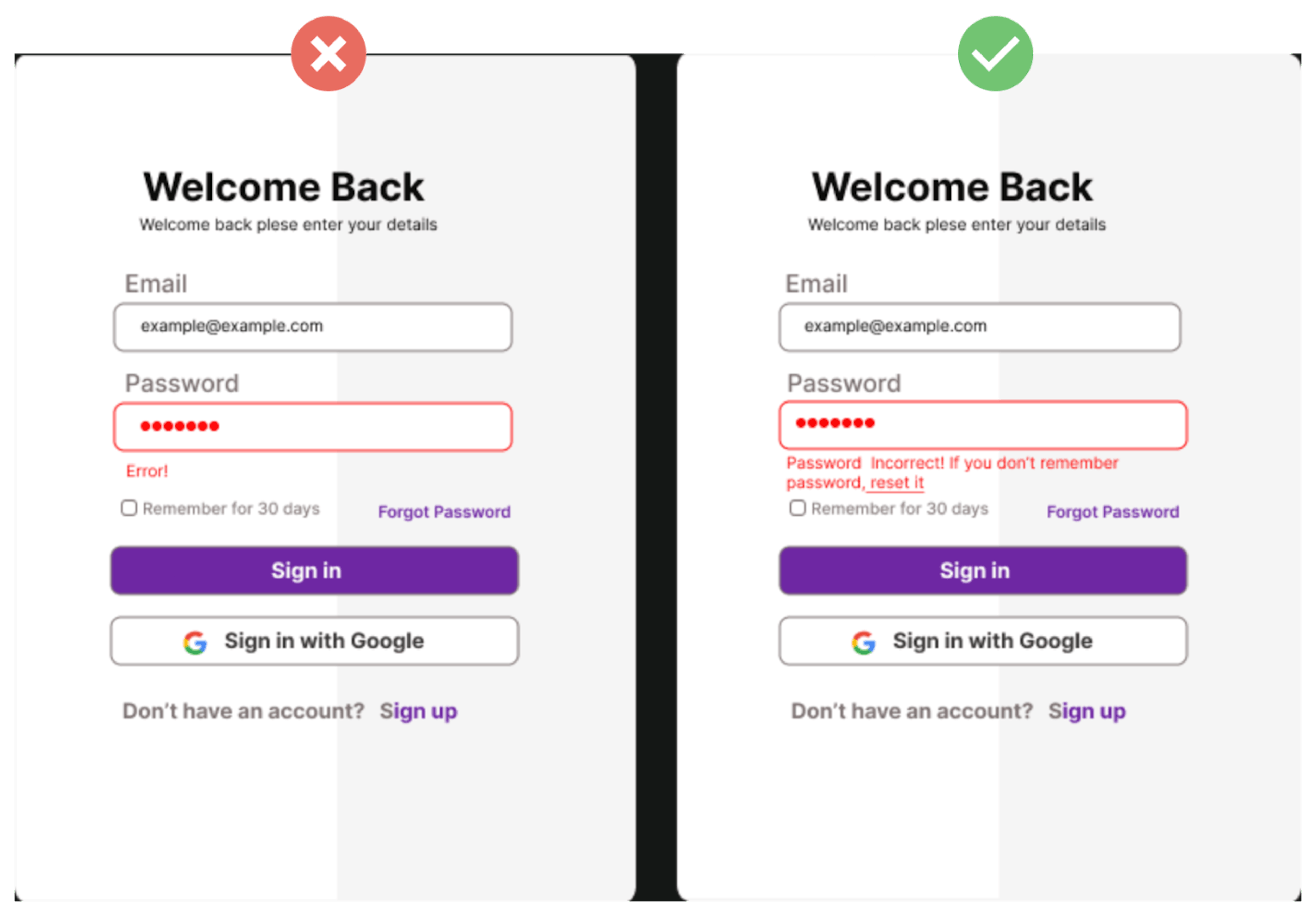  The left image just exhibits an "Error" message without giving a clear clue to the user. The image is designed by using a free Figma template from Bernard Appiedu