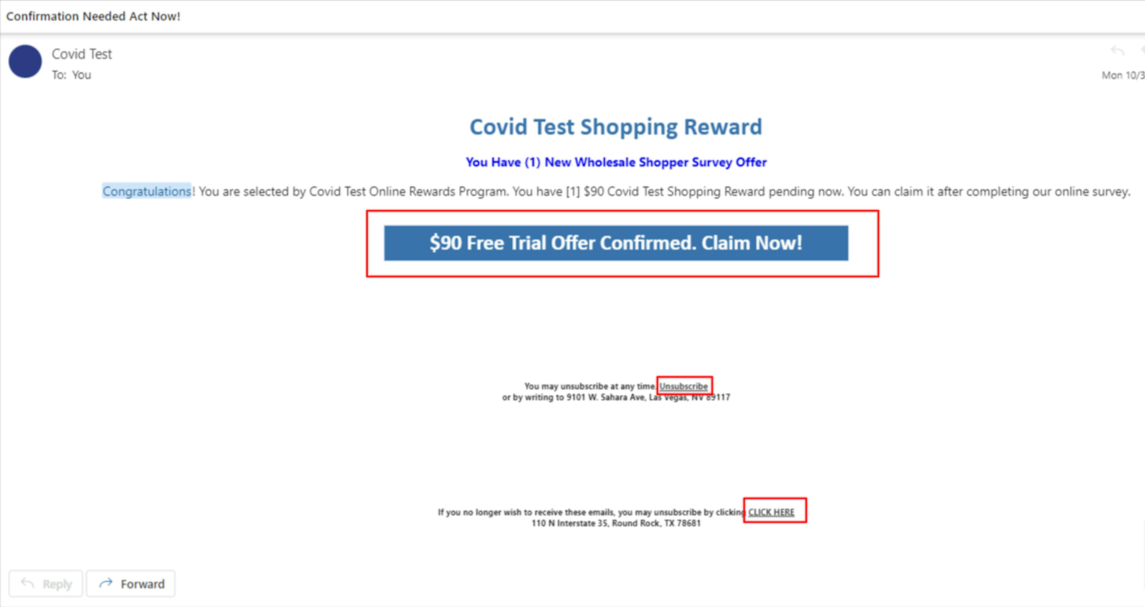 Figure 3: Scam offer-related phishing email