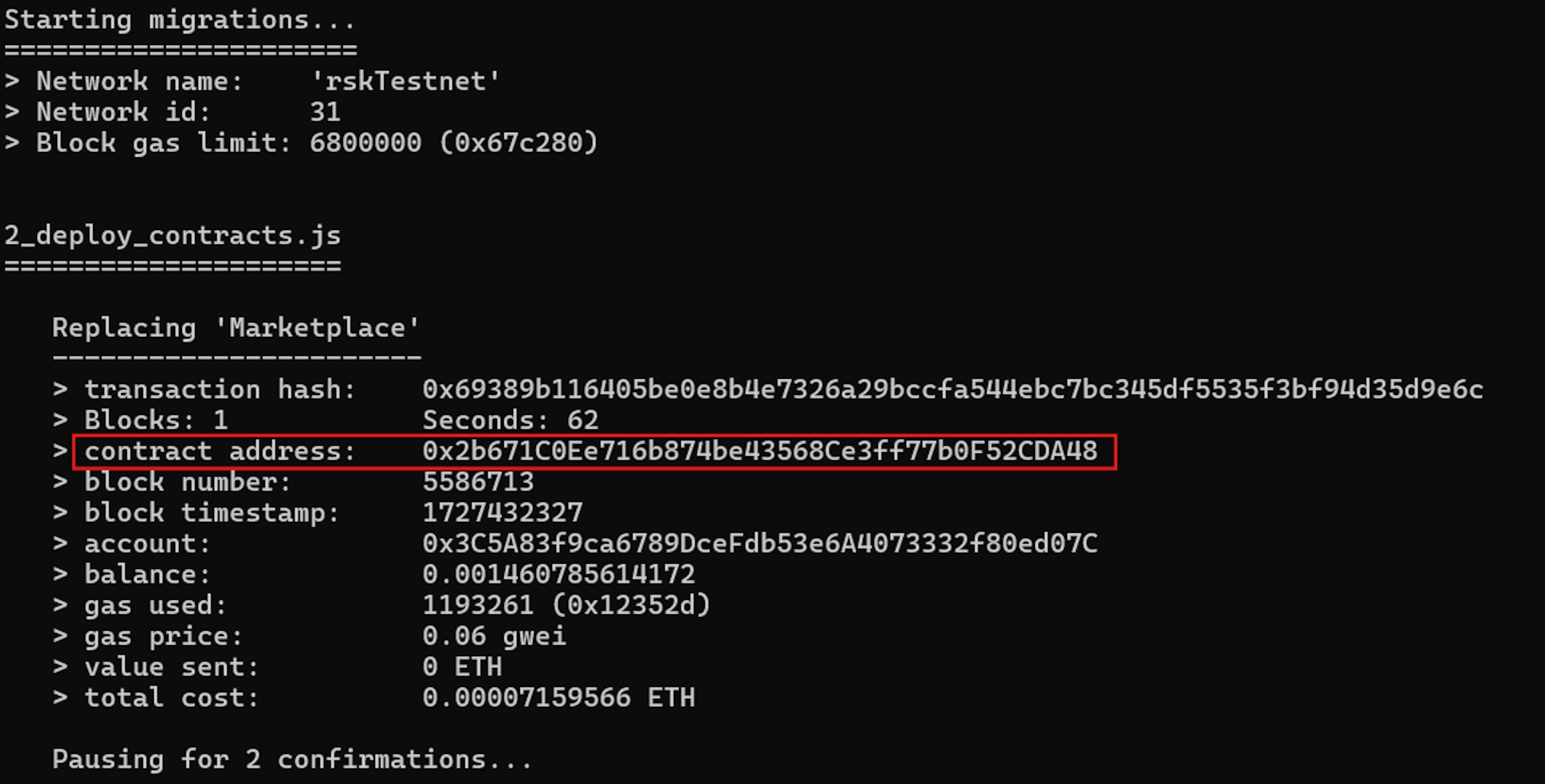 Figure 3.Contract deployed on RSK testnet 