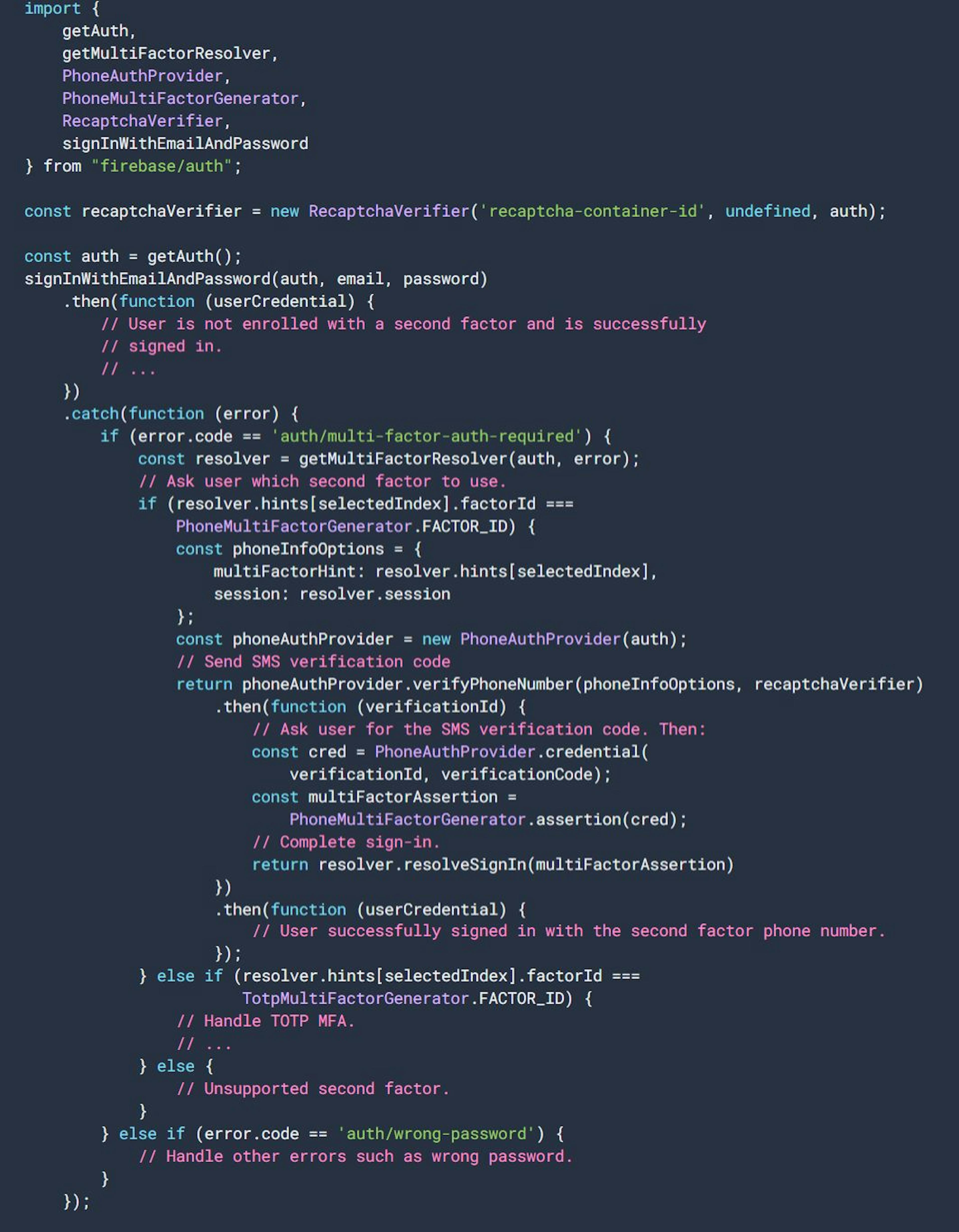 Code Source: Google Cloud,  JavaScript code using the Firebase Authentication library. This code snippet is used for handling multi-factor authentication (MFA) during the user sign-in process using Firebase Authentication.