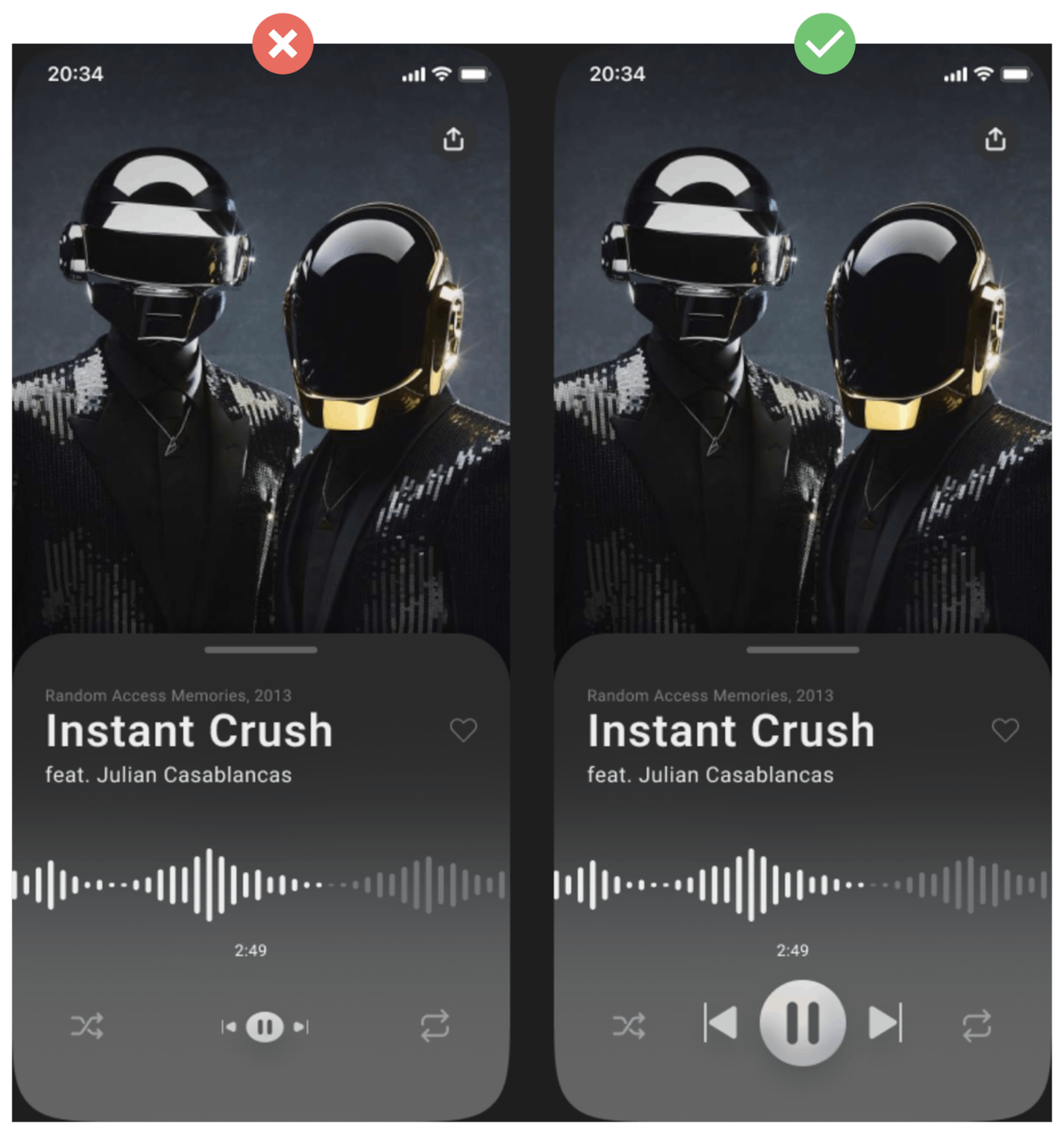 In the left image touch target to play music is too small. The image is designed by using a free Figma template from Stefan Cristian