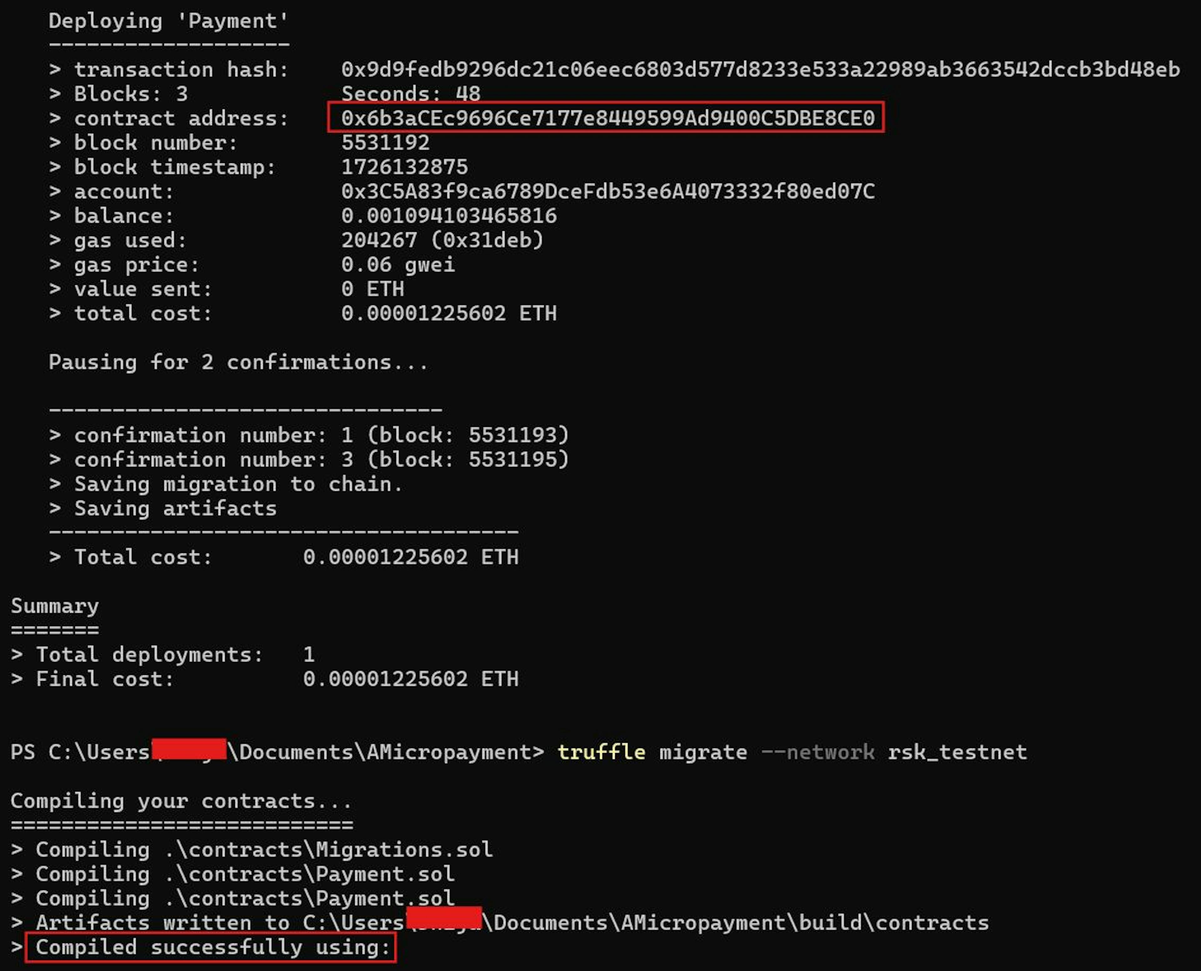 Figure:3 Exhibition of a successful contracts deployment in RSK testnet