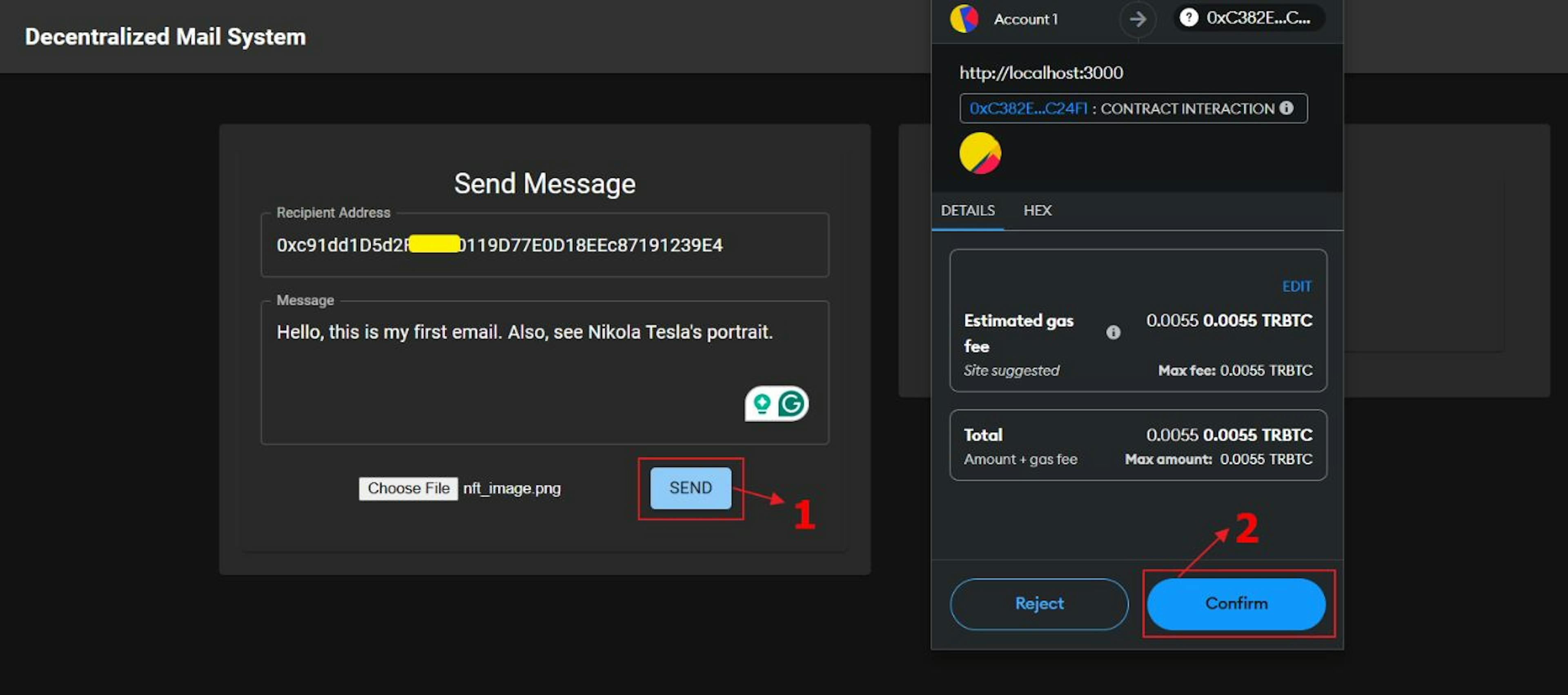 Figure 4: Decentralized mail software main interface. The front end is communicating the RSK network through MetaMask 