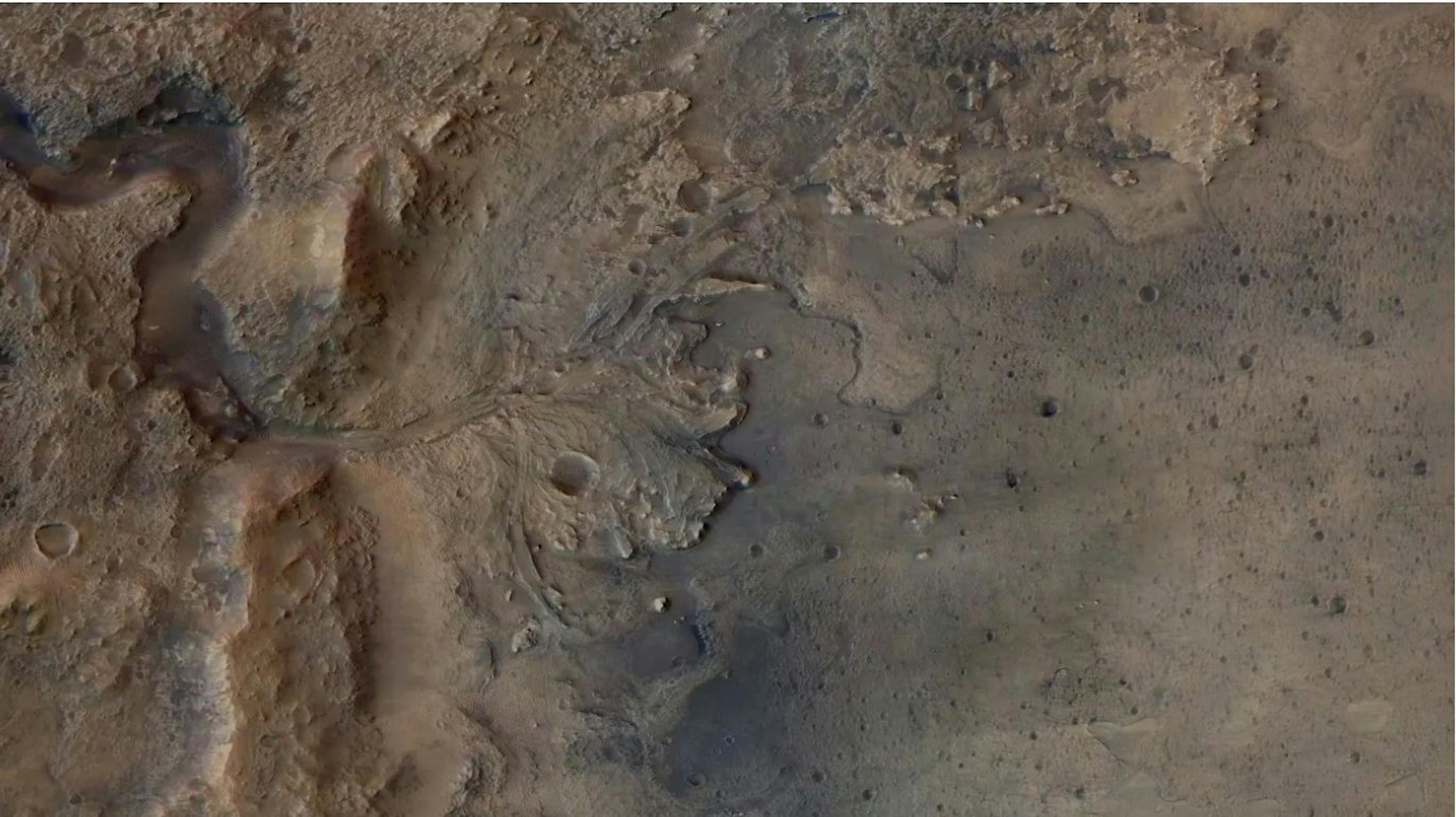 Figure 3. Ancient delta in Jezero Crater, explored by Perseverance for signs of past life. ESA, DLR, and FU Berlin contributed to the imagery