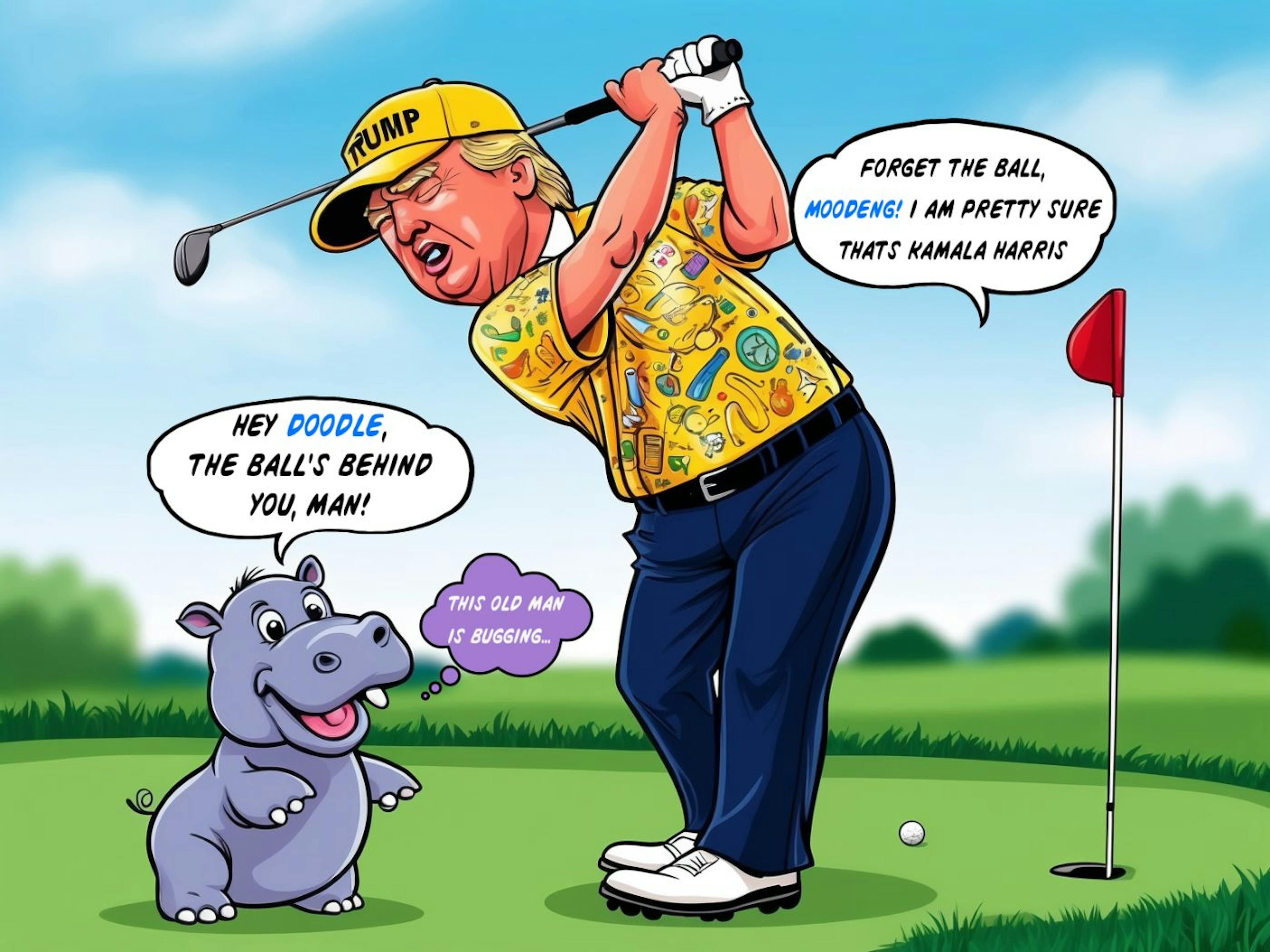 Doodle Trump playing golf with MooDeng.