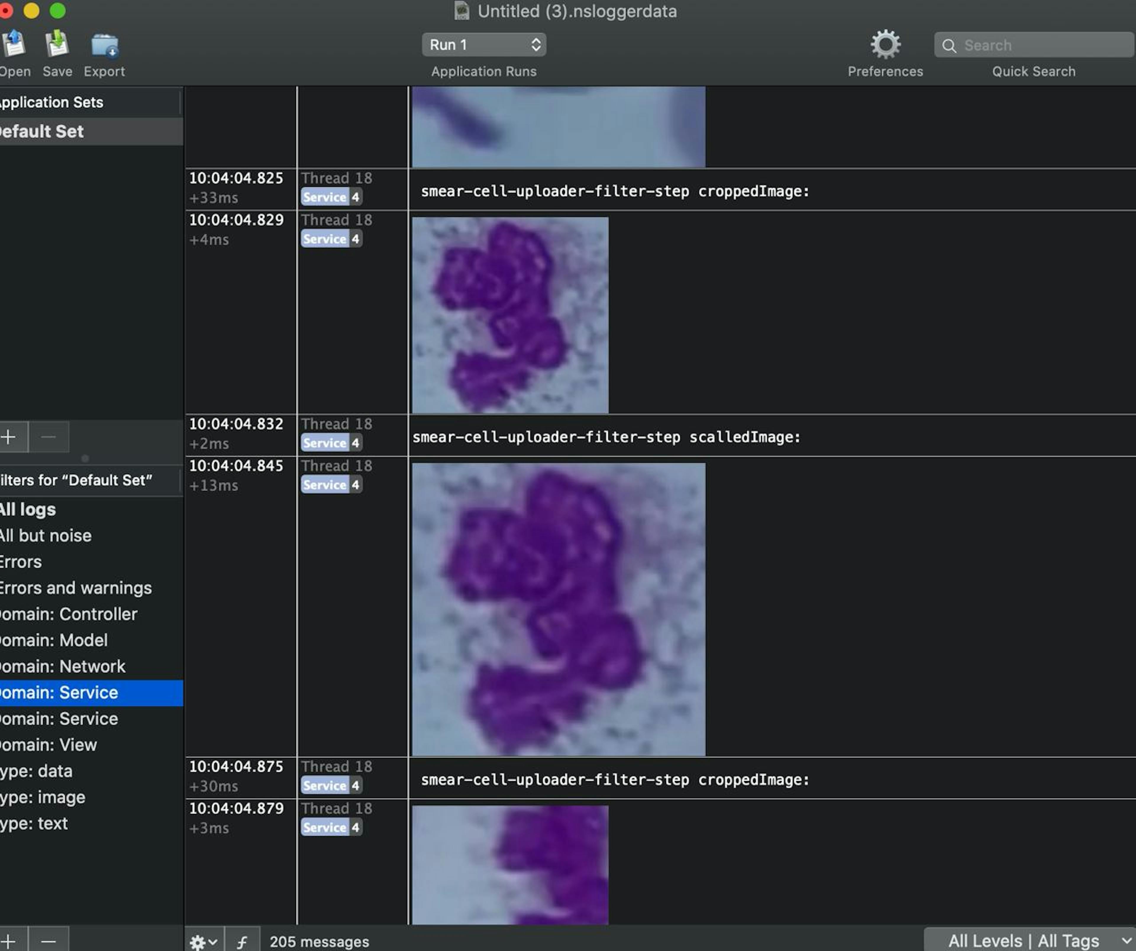 Screenshot of debugging via NSLogger with images of cells