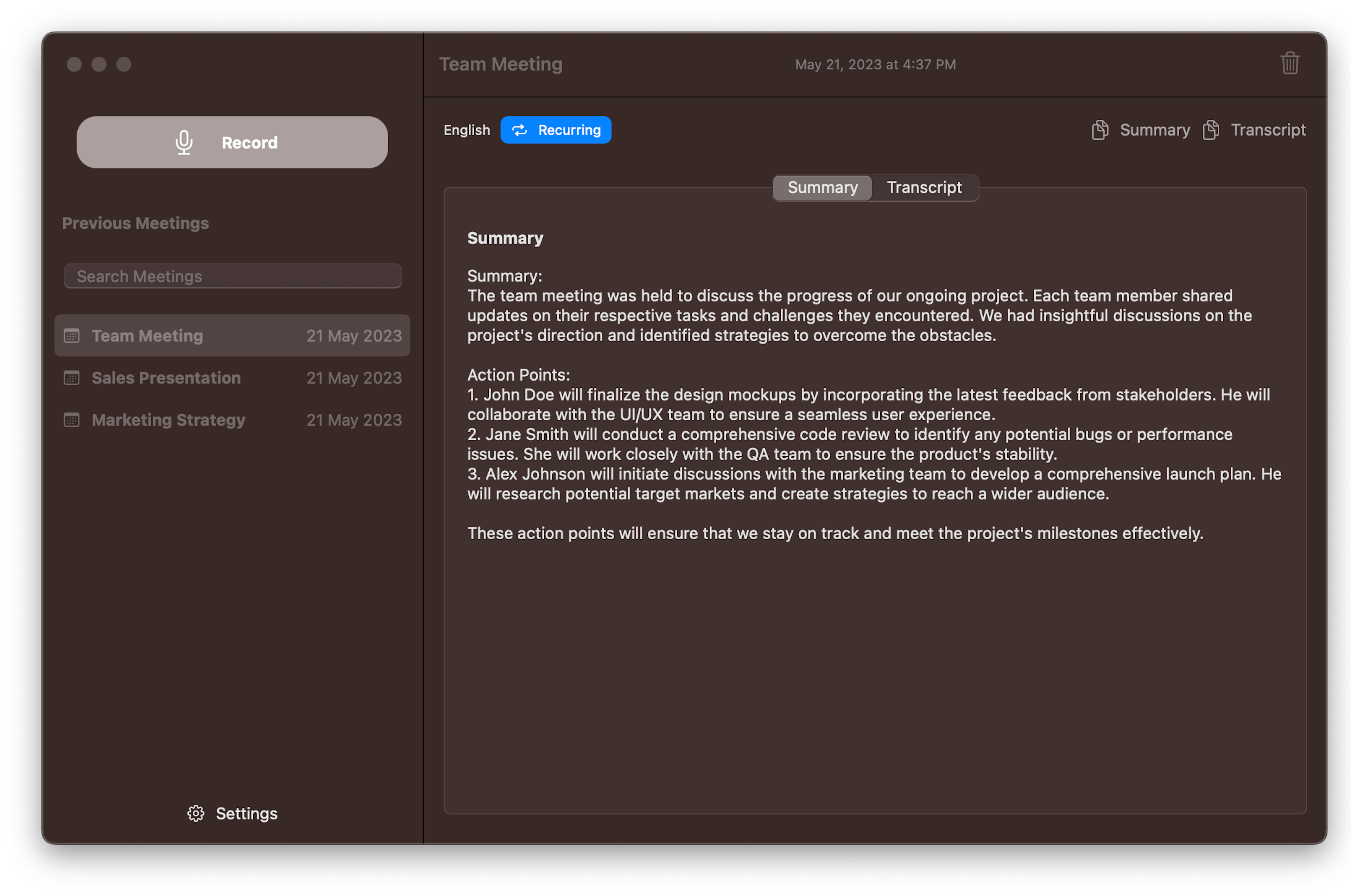 screenshot of MeetingFusion, an app providing automatic meeting summaries