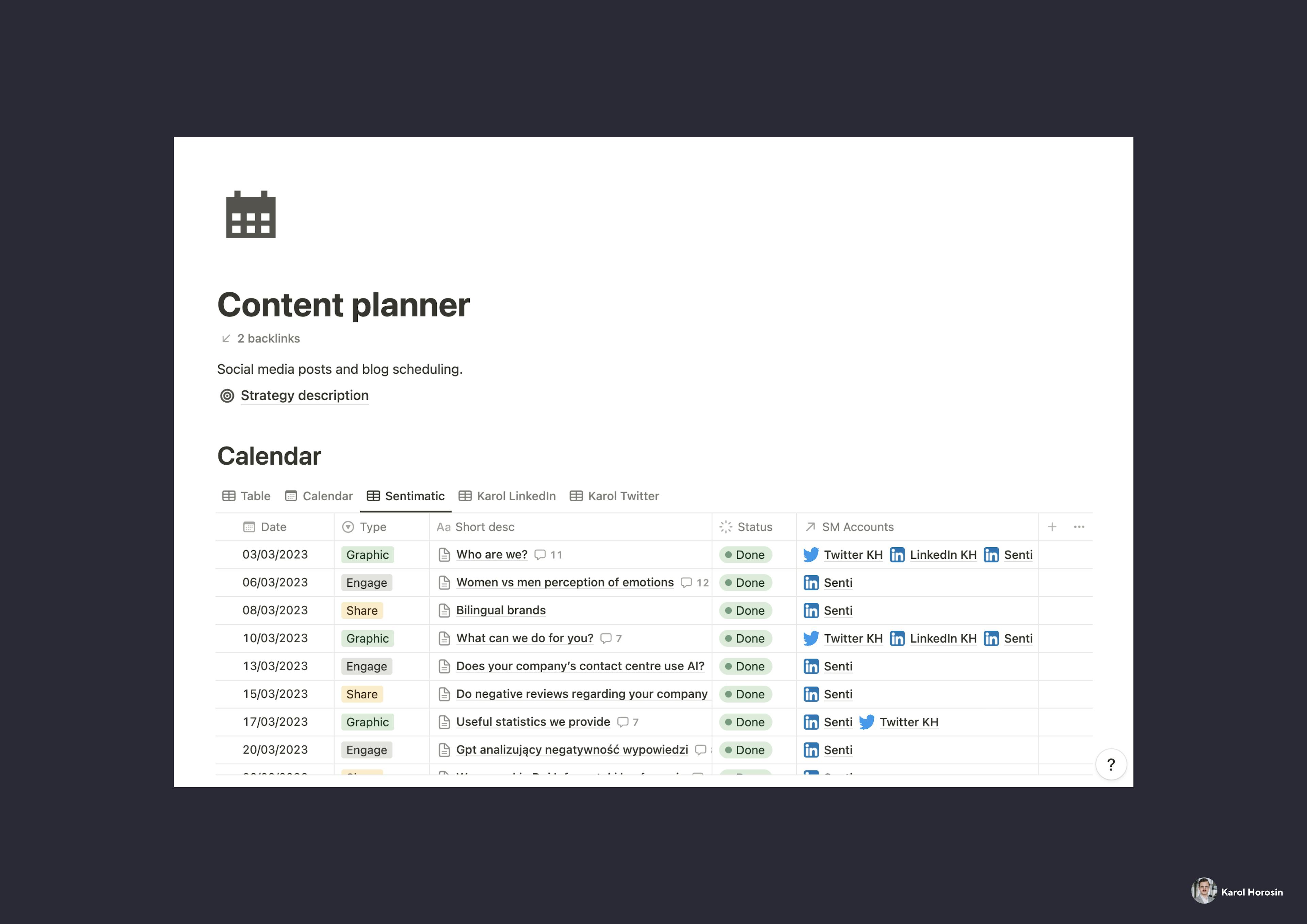 Content planner I created on Notion