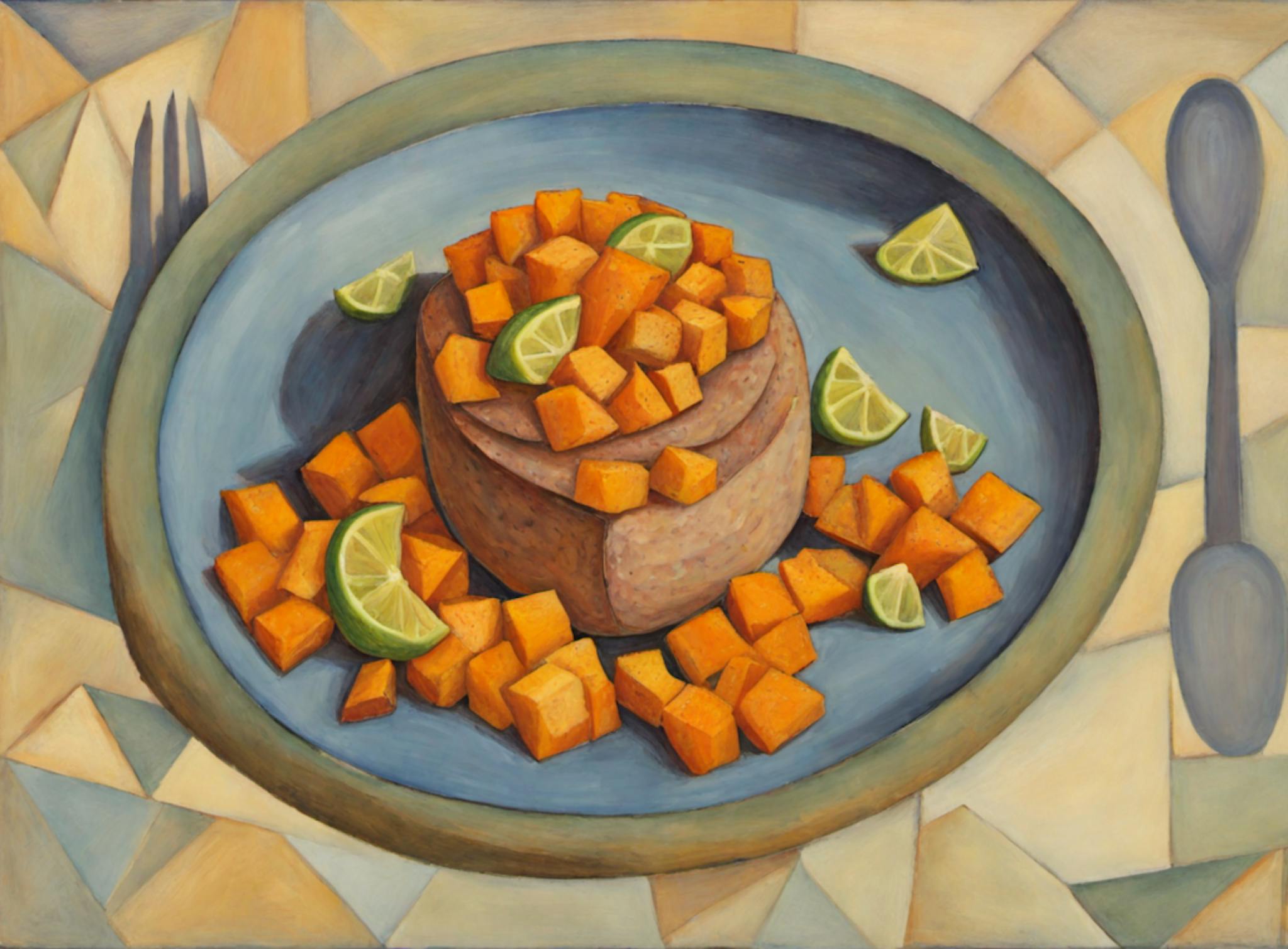 a citrusy Sweet Potato salad on a grilled mushroom cap in the style of Juan Gris