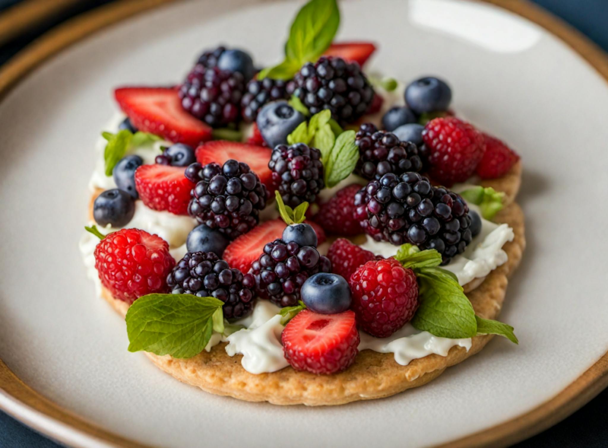 a local Mixed Berry salad on a rice cracker in the style of Toulouse-Lautrec