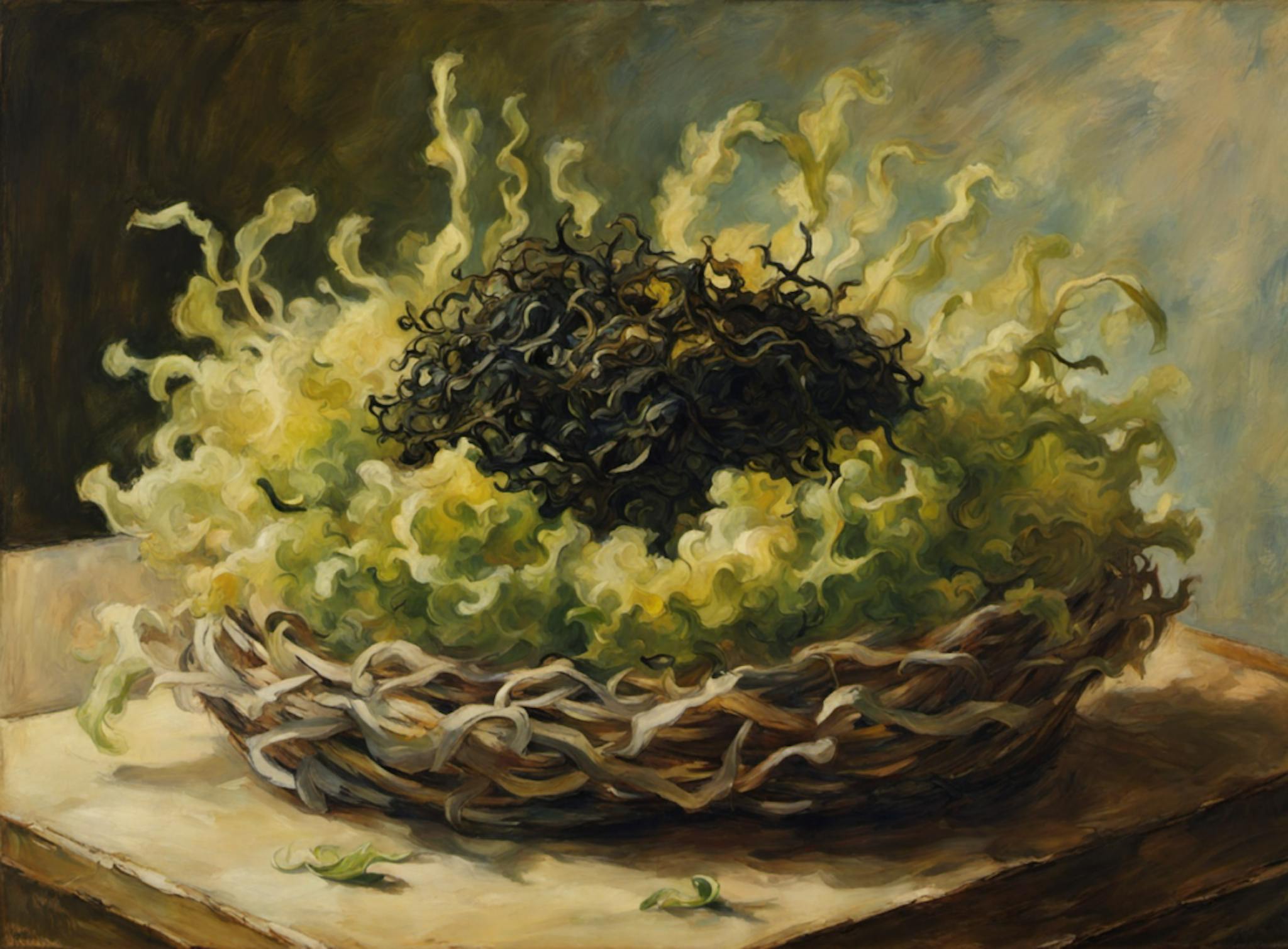 a ripe Seaweed salad on a nest of sprouts in the style of Edgar Degas